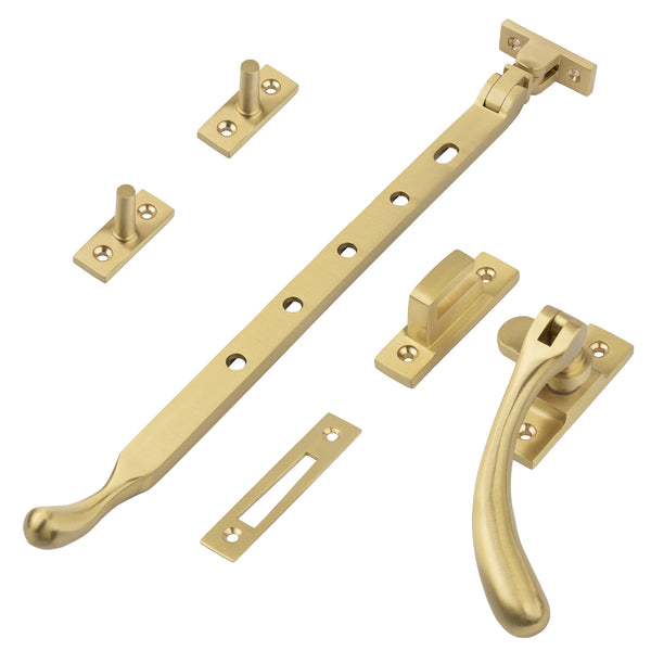 Satin brass 12 inch ball end casement window stay set SHOW