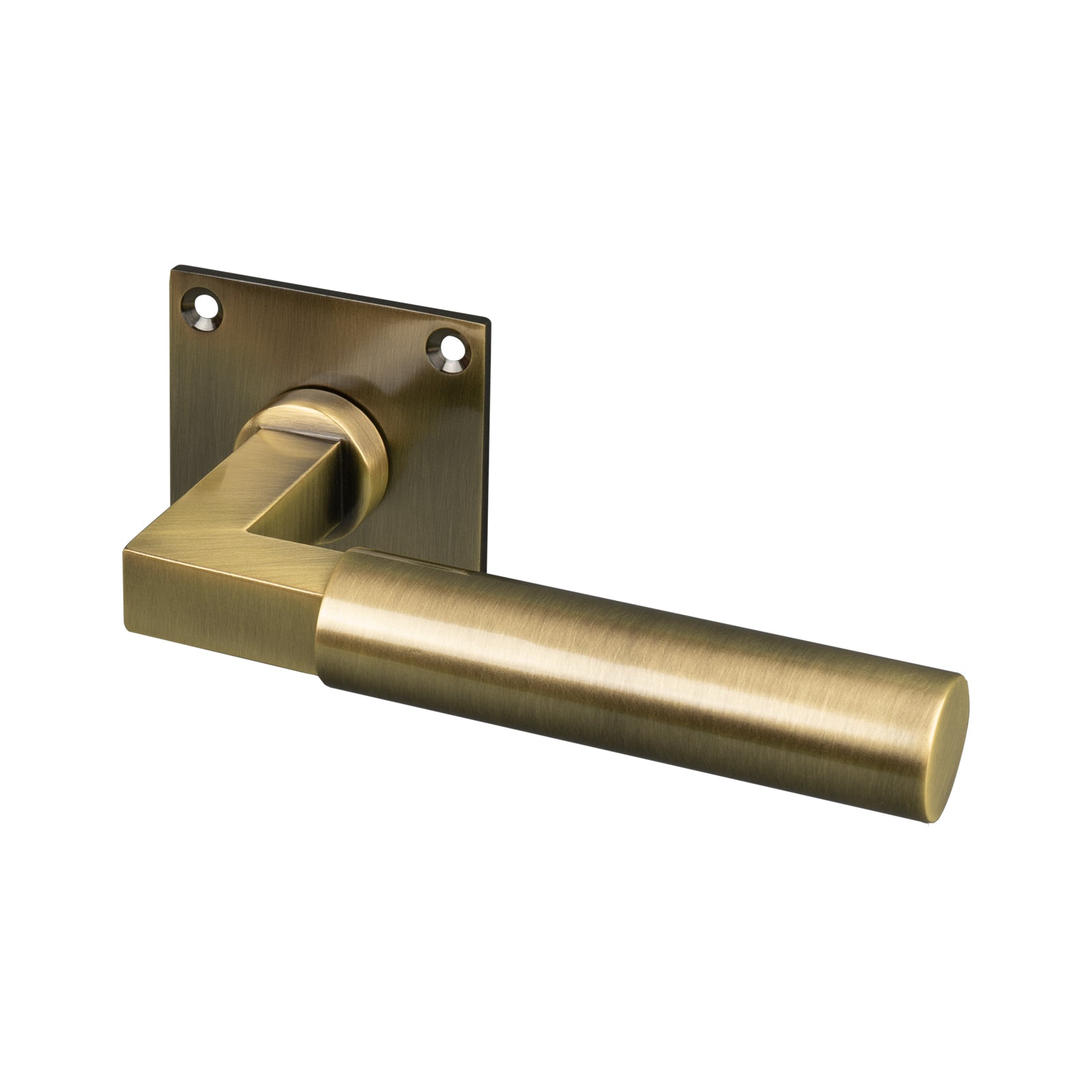 aged brass bauhaus low profile square rose door handles, lever on rose SHOW