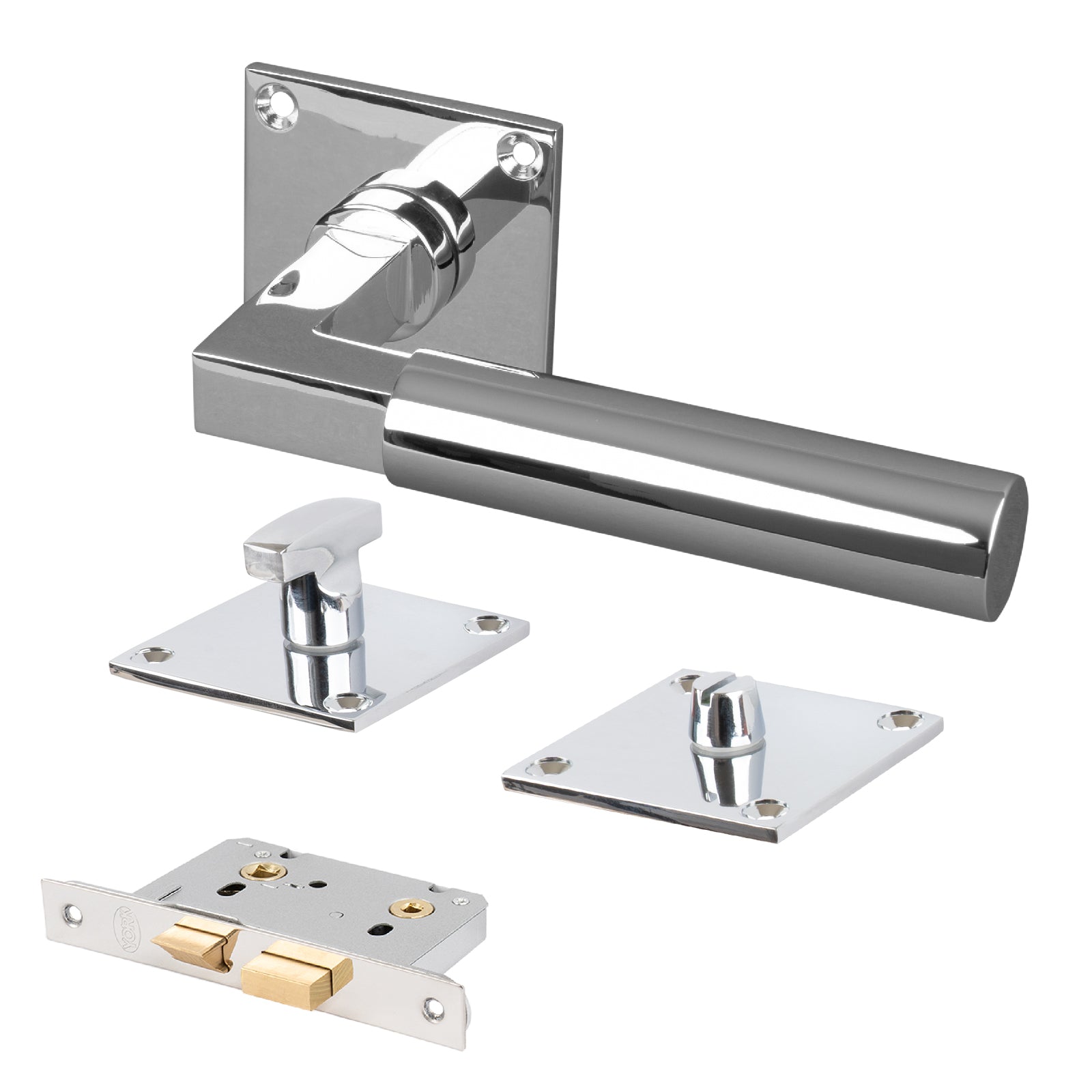 chrome low profile lever on rose bathroom door set