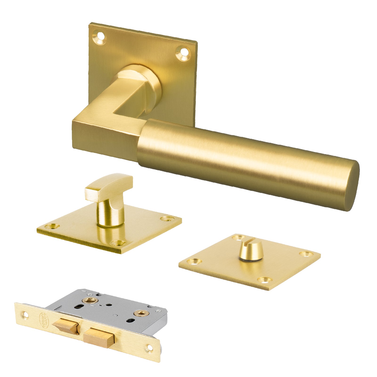 satin brass low profile lever on rose bathroom door set