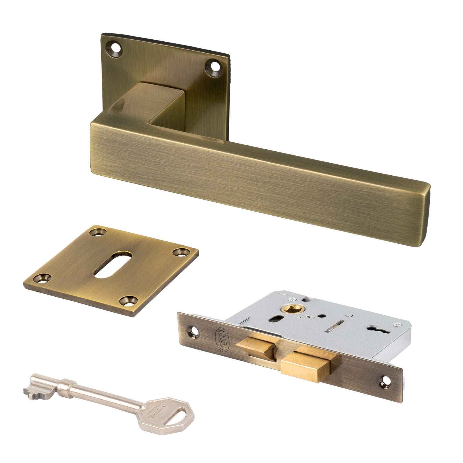 aged brass Delta handles low profile plate 3 lever lock set