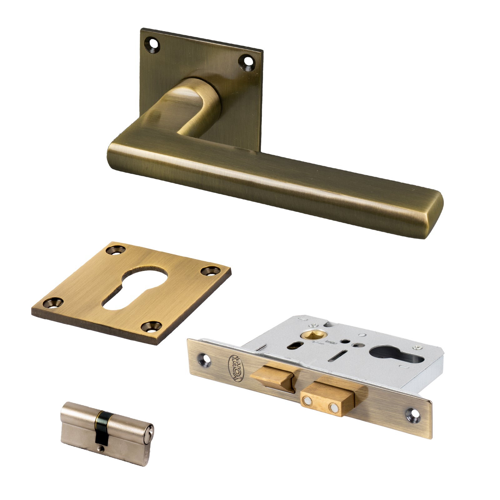 SHOW Trident Square Rose Door Handles Euro Set with Aged Brass finish