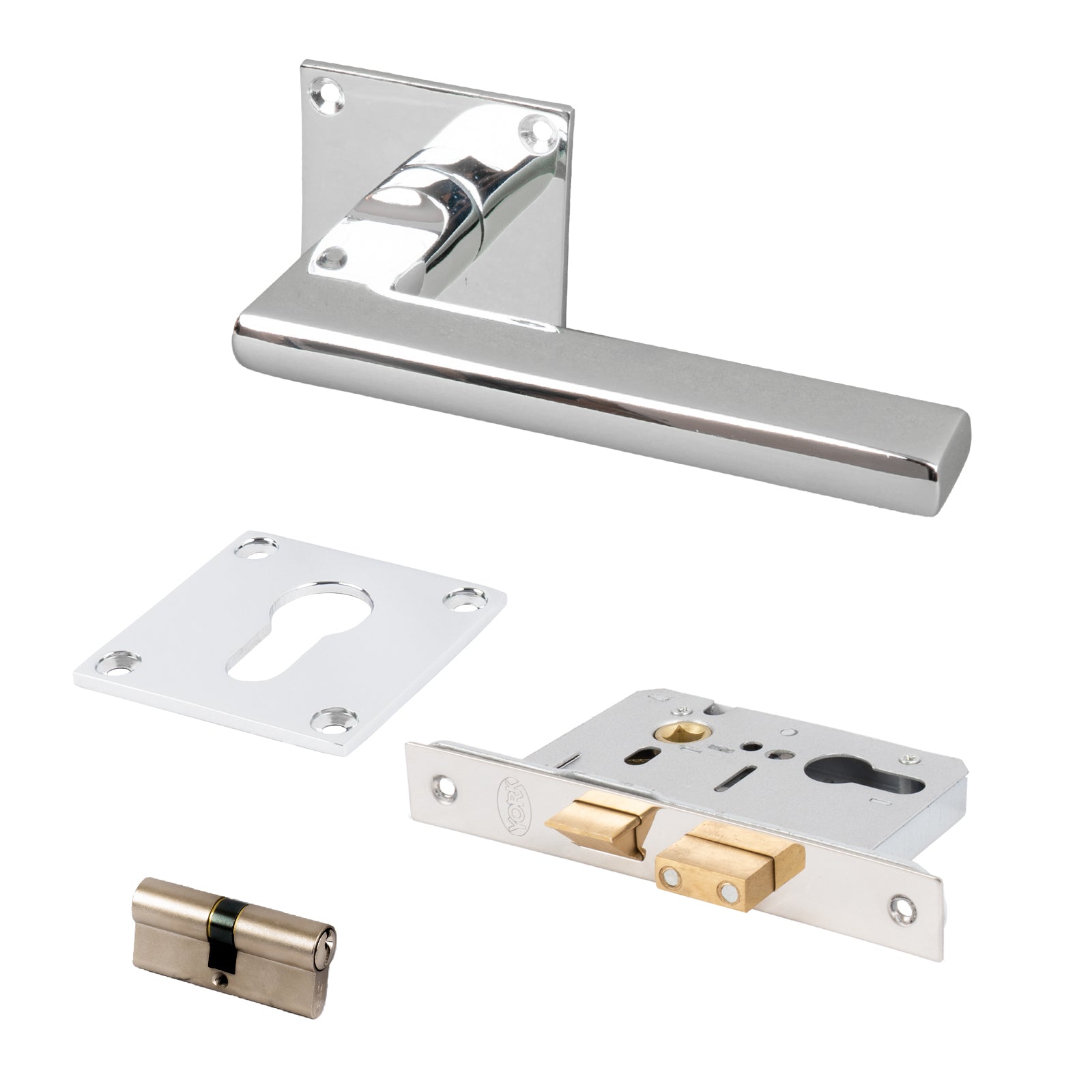 SHOW Trident Square Rose Door Handles Euro Set with Polished Chrome finish