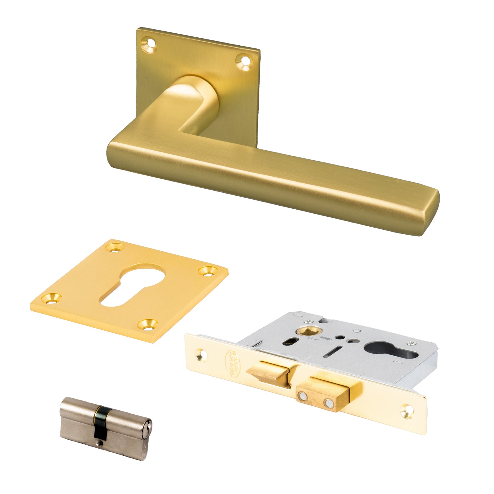 SHOW Trident Square Rose Door Handles Euro Set with Satin Brass finish