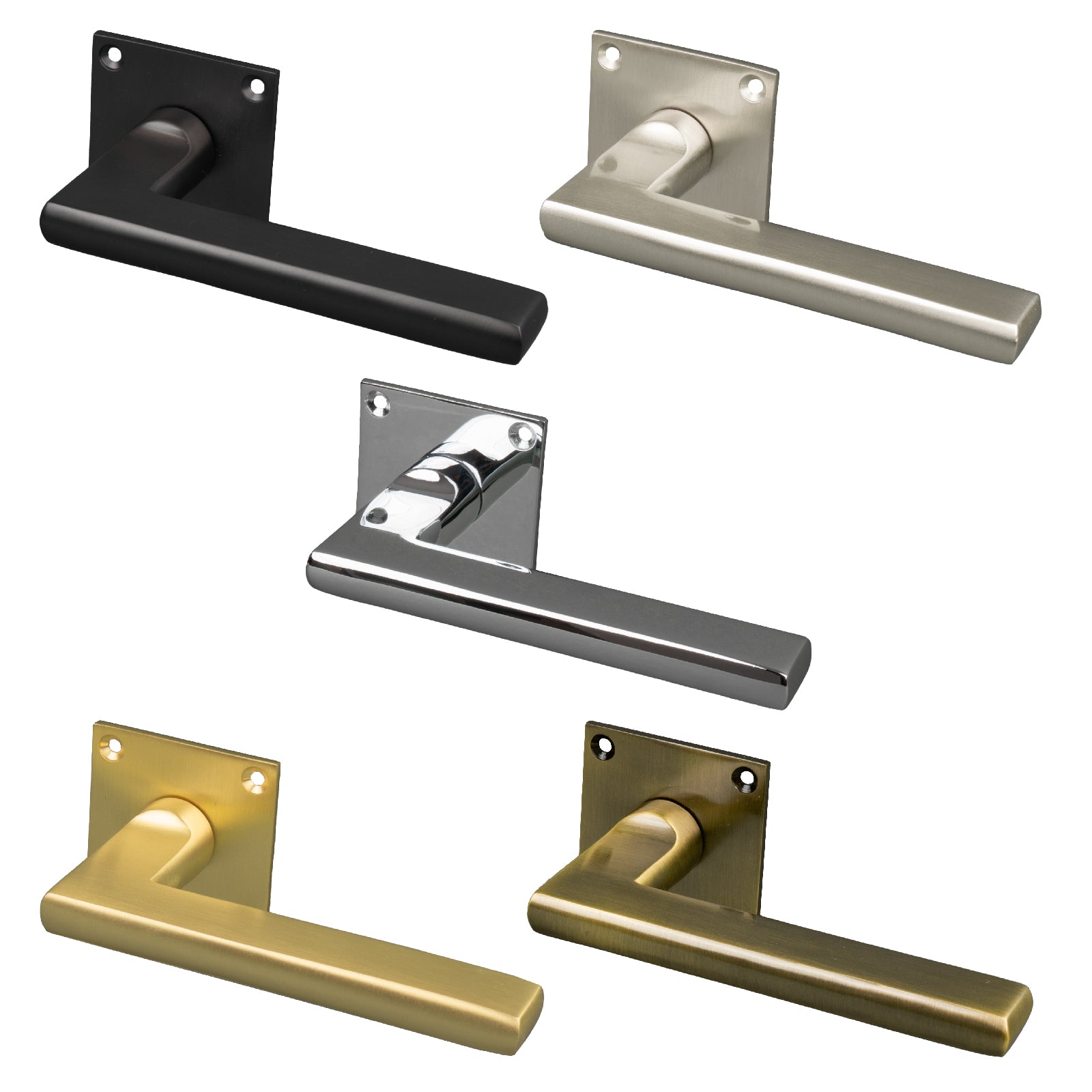 Trident Square Rose Door Handles Low Profile, solid brass lever on rose handles