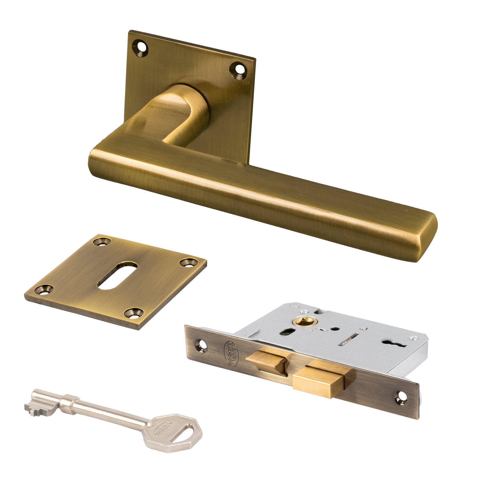 SHOW Trident Square Rose Door Handles 3 Lever Latch set with Aged Brass finish