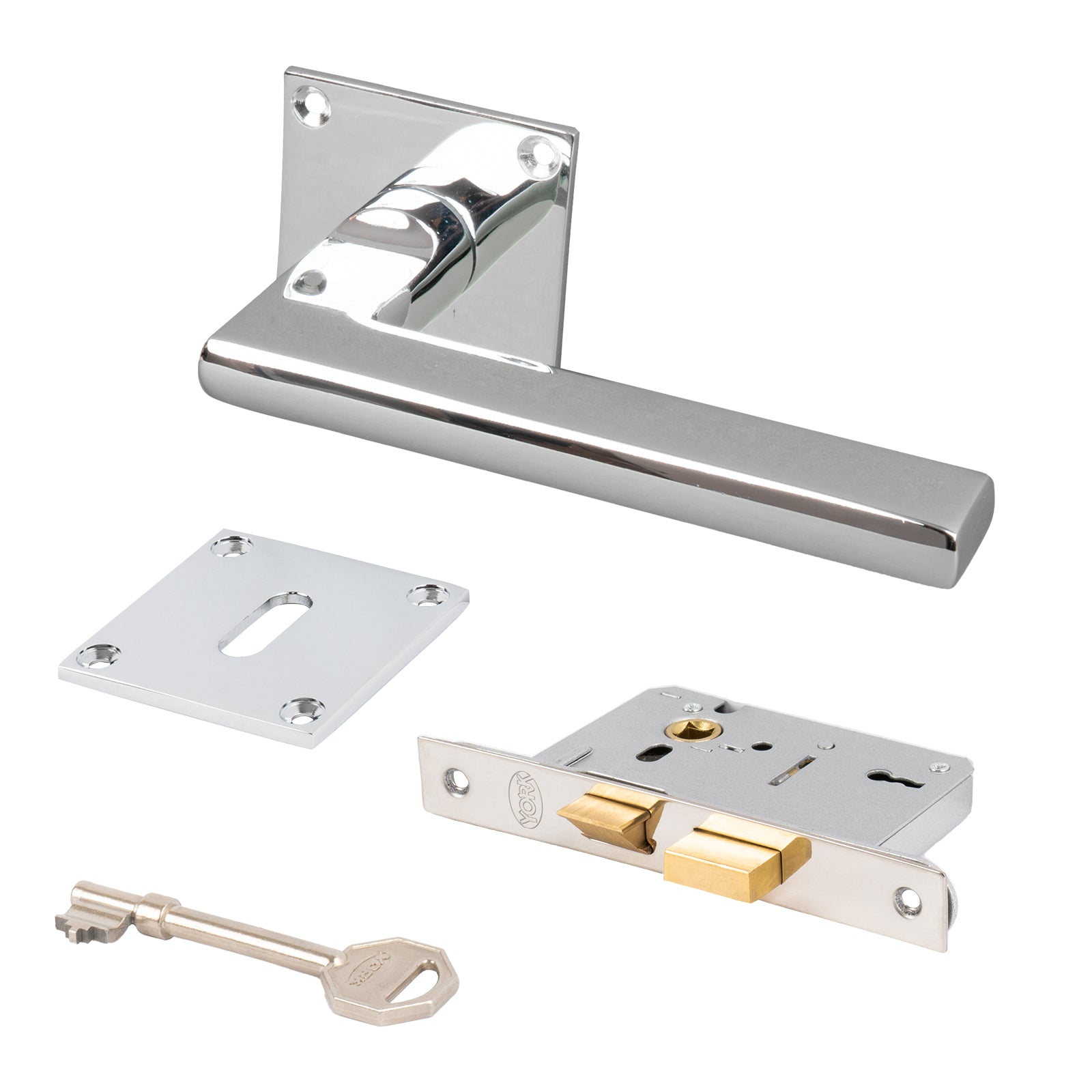 SHOW Trident Square Rose Door Handles 3 Lever Latch set with Polished Chrome finish