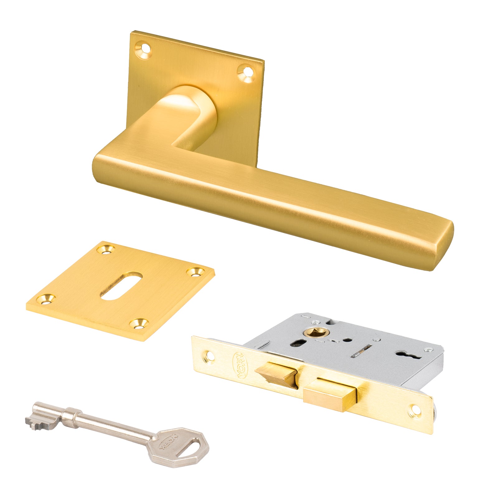 SHOW Trident Square Rose Door Handles 3 Lever Latch set with Satin Brass finish