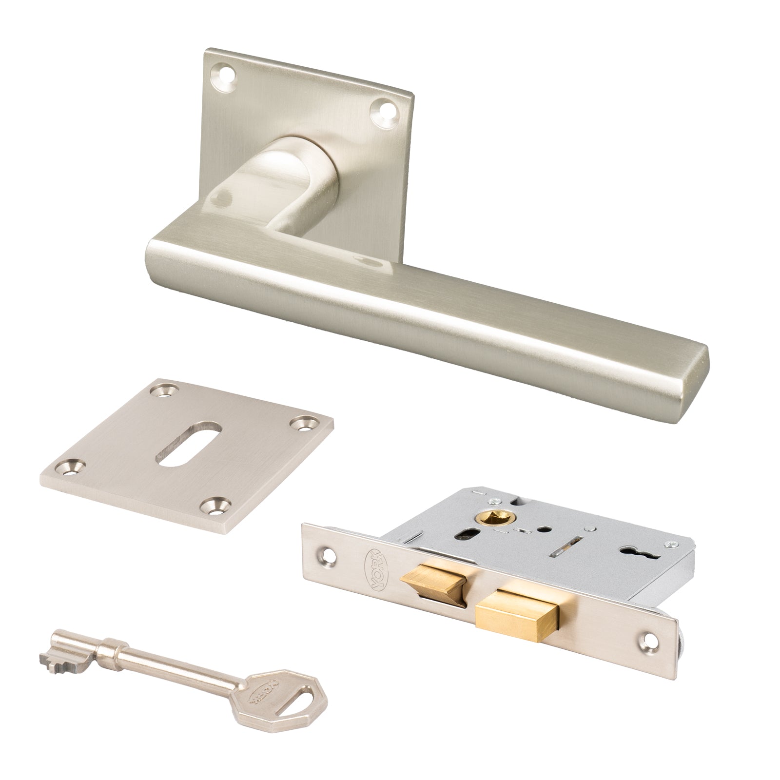 SHOW Trident Square Rose Door Handles 3 Lever Latch set with Satin Nickel finish