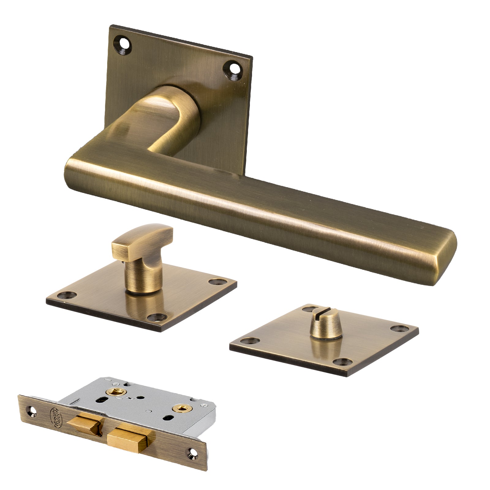 SHOW Trident Square Rose Door Handles Bathroom Set with Aged Brass finish