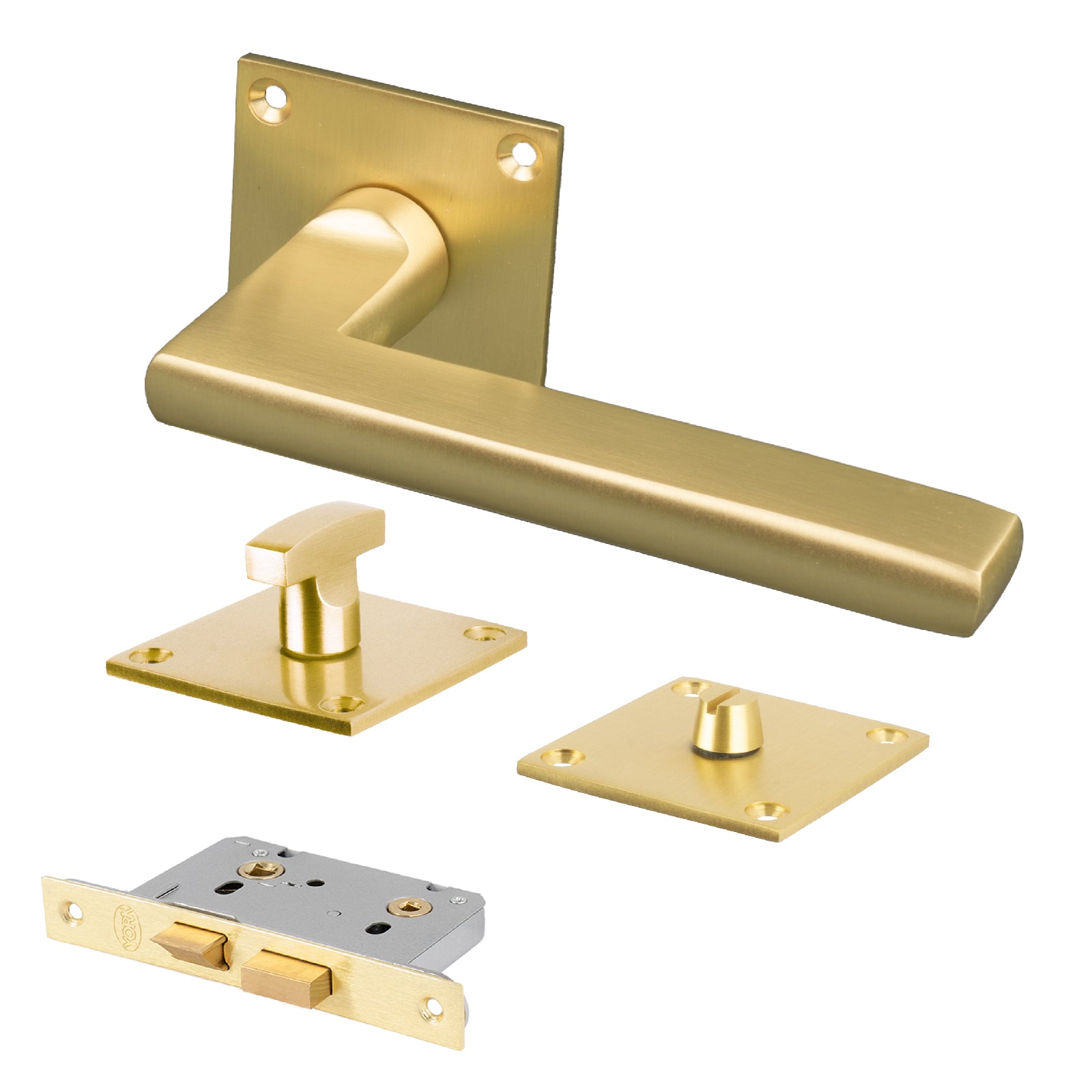 SHOW Trident Square Rose Door Handles Bathroom Set with Satin Brass finish