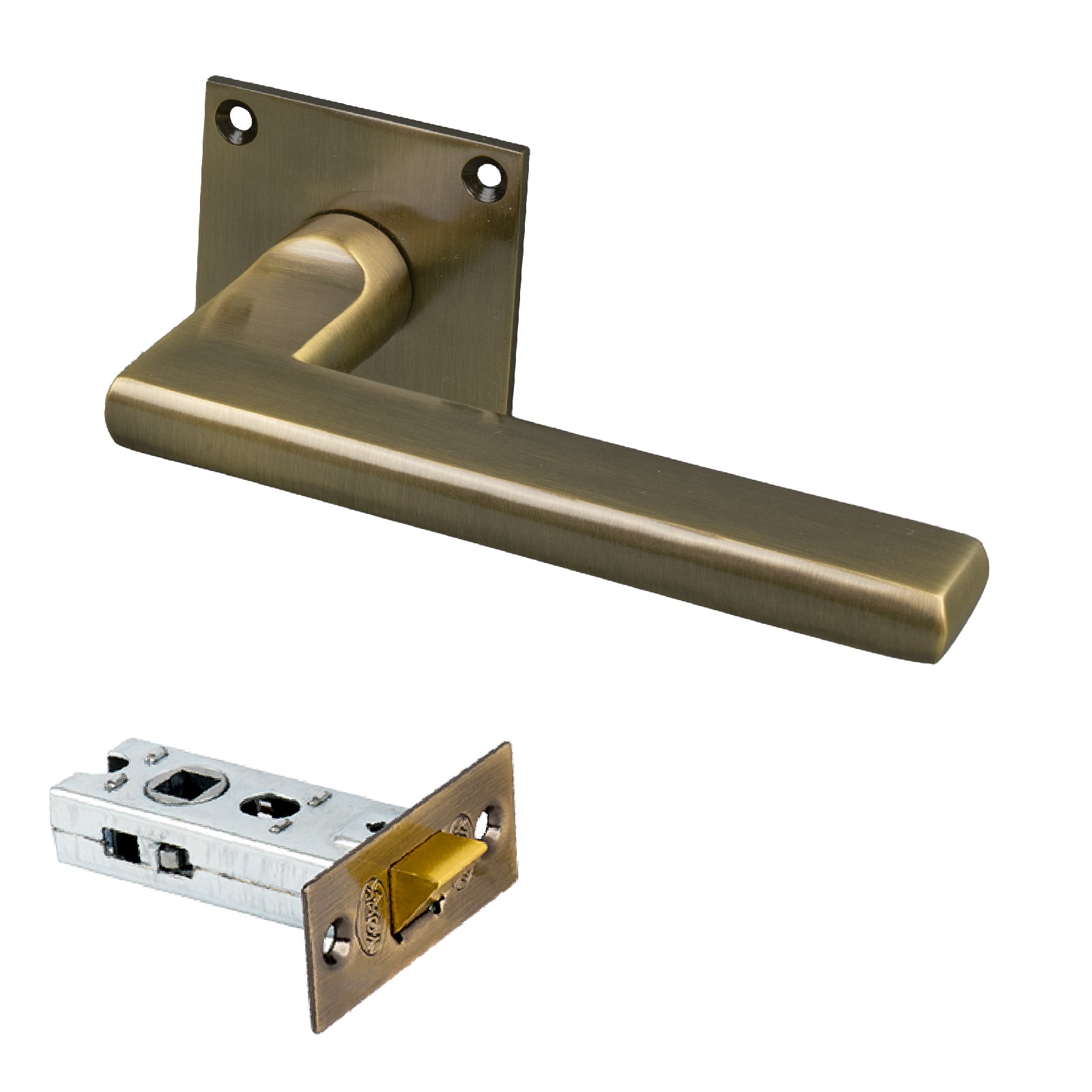 SHOW Trident Square Rose Door Handles Tubular Latch Set with Aged Brass finish