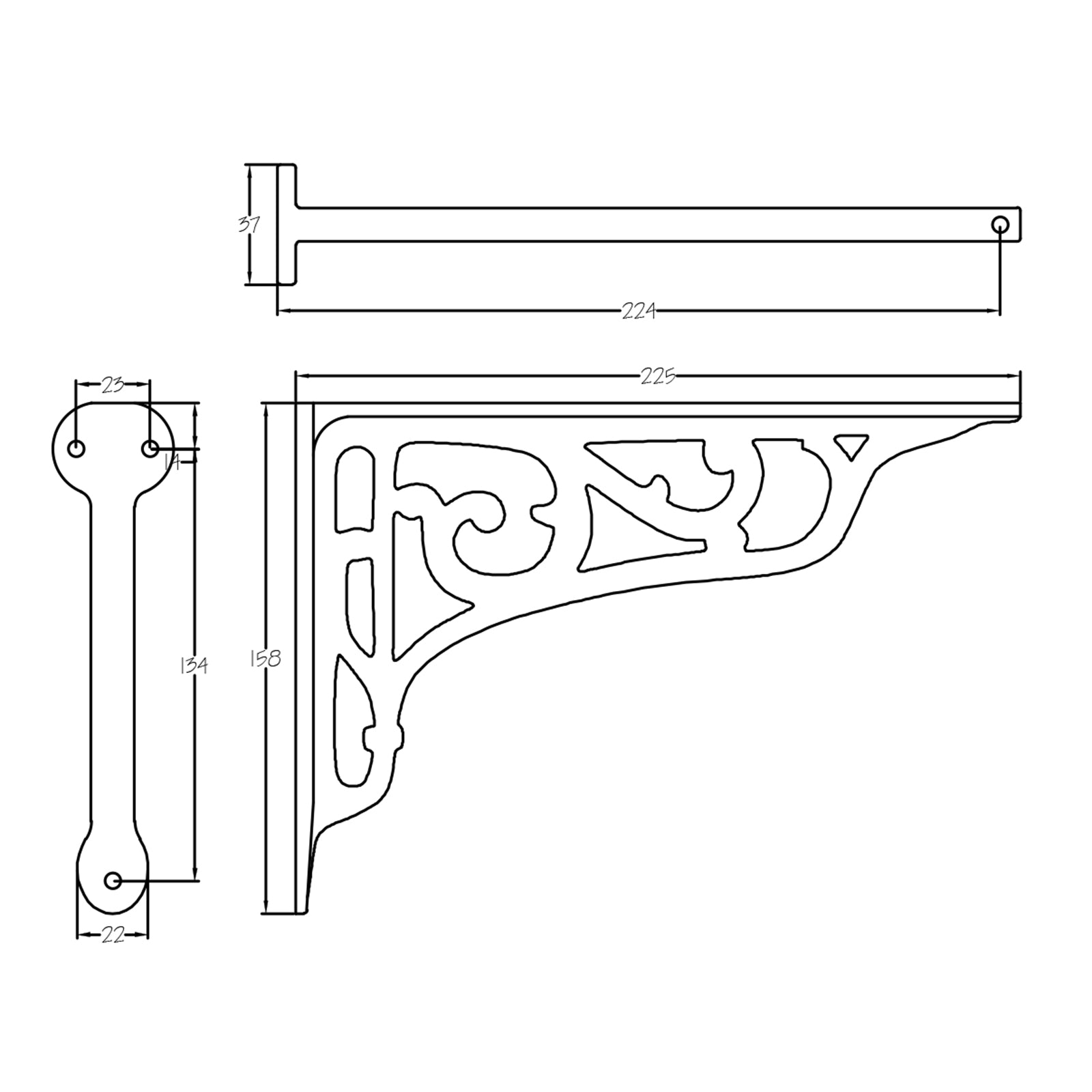 Dimension drawing for Vine Cast Iron Shelf Bracket SHOW