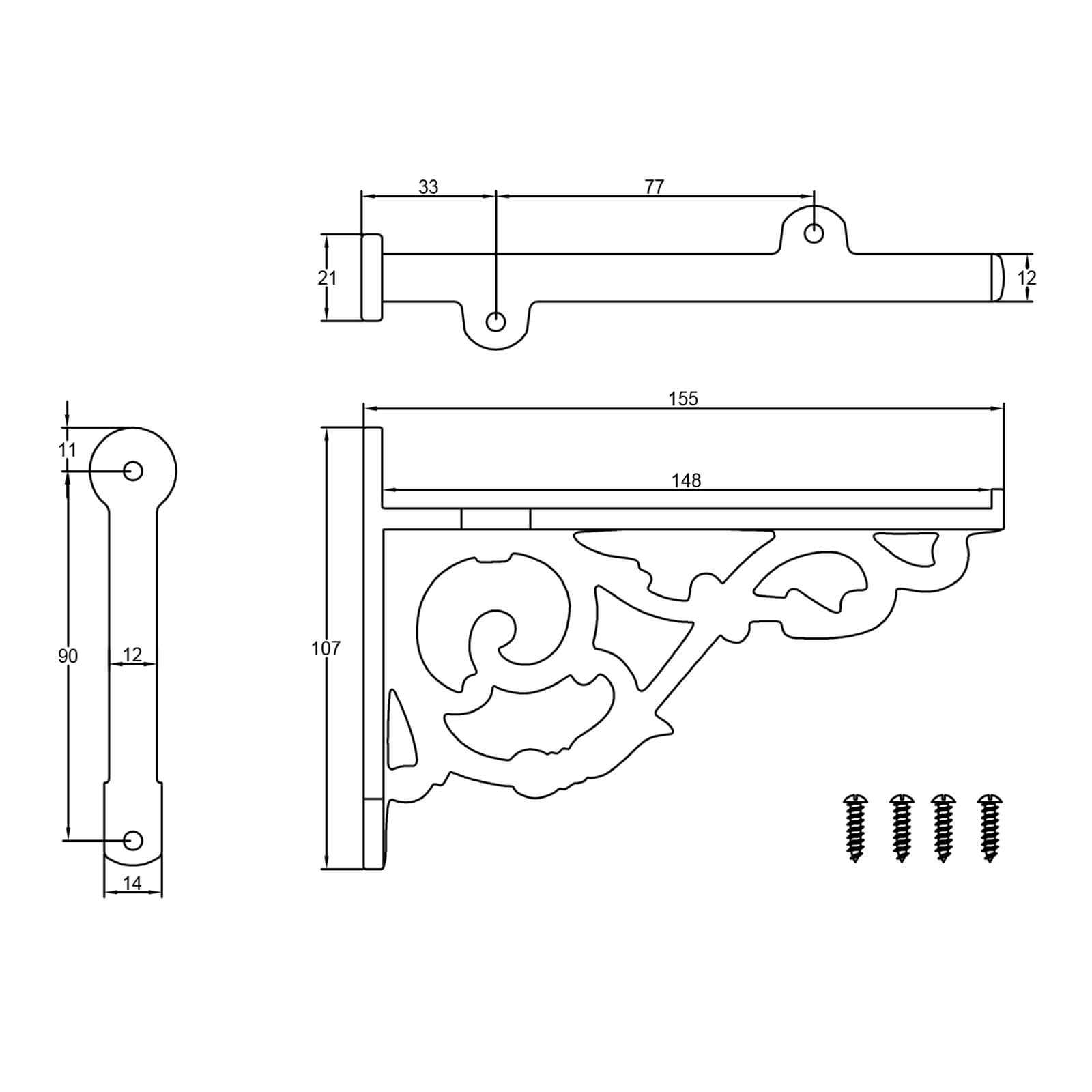 Dimension drawing of anchor cast iron shelf bracket SHOW