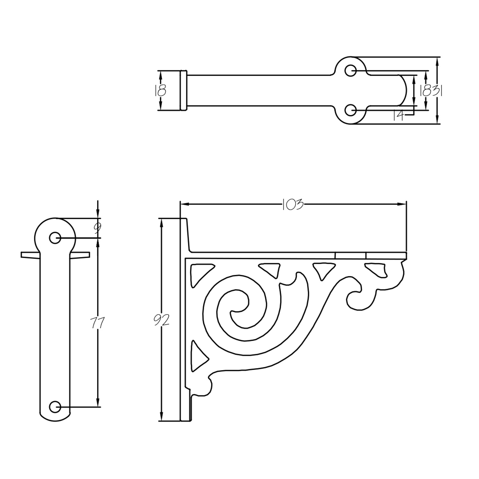 Dimension drawing for Scroll cast iron shelf bracket SHOW