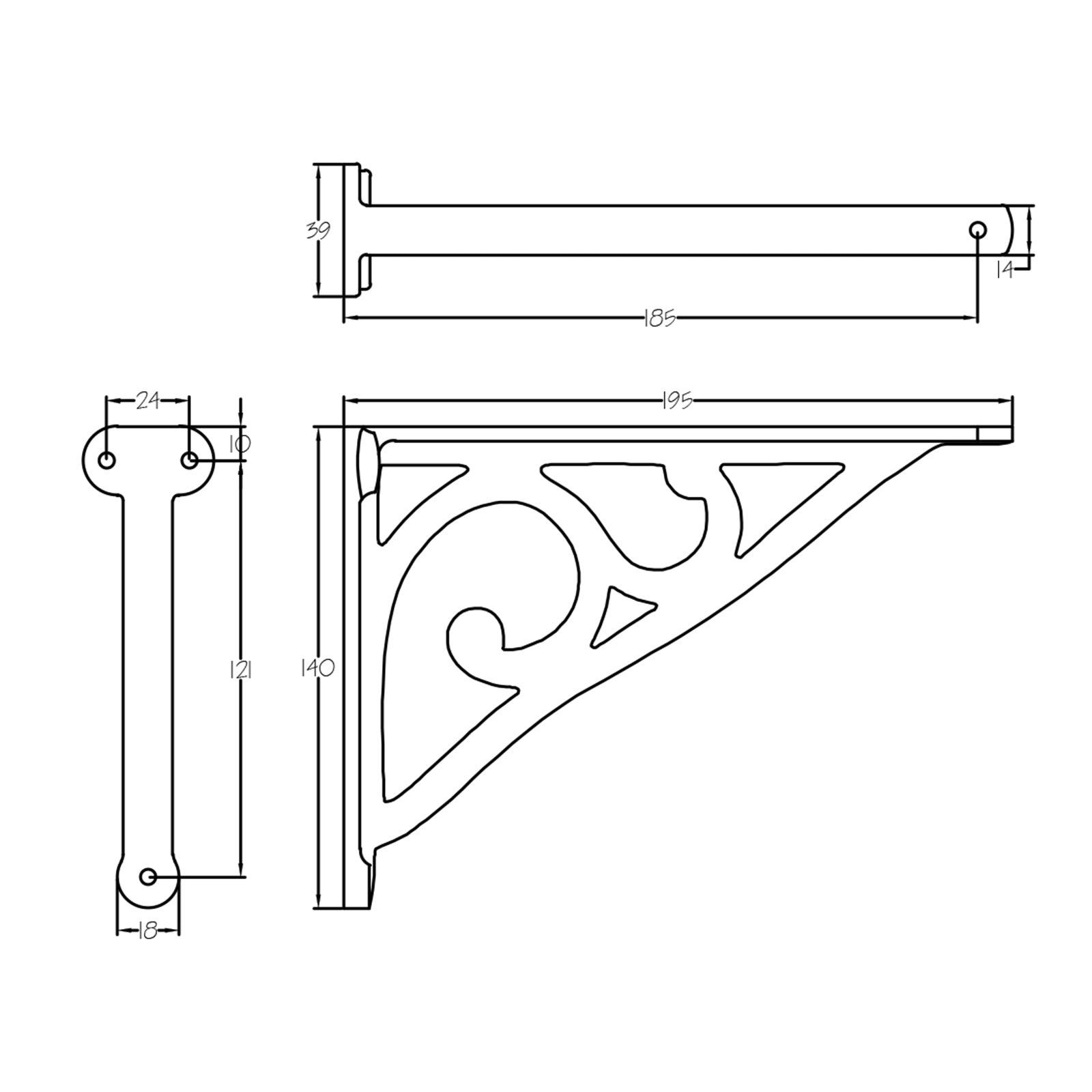 Dimension drawing for Fine cast iron shelf bracket SHOW