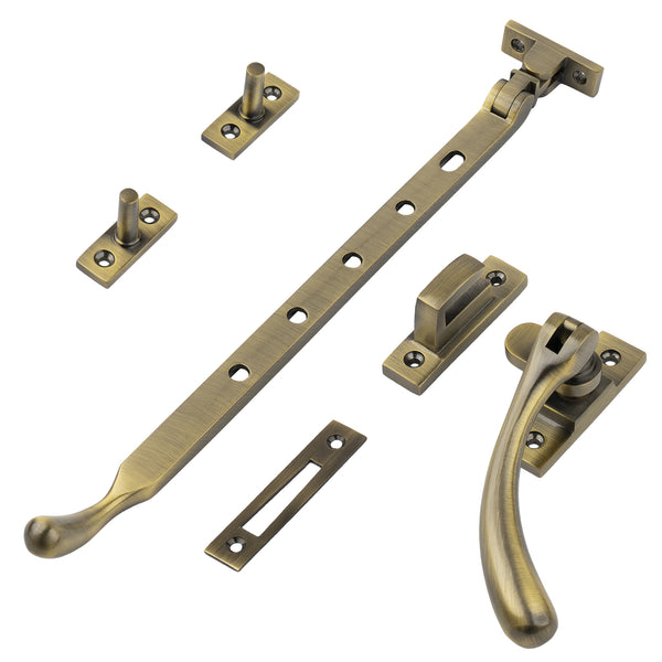 aged brass 12 inch ball end casement window stay set SHOW