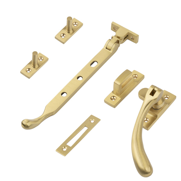 Satin brass 8 inch ball end casement window stay set SHOW