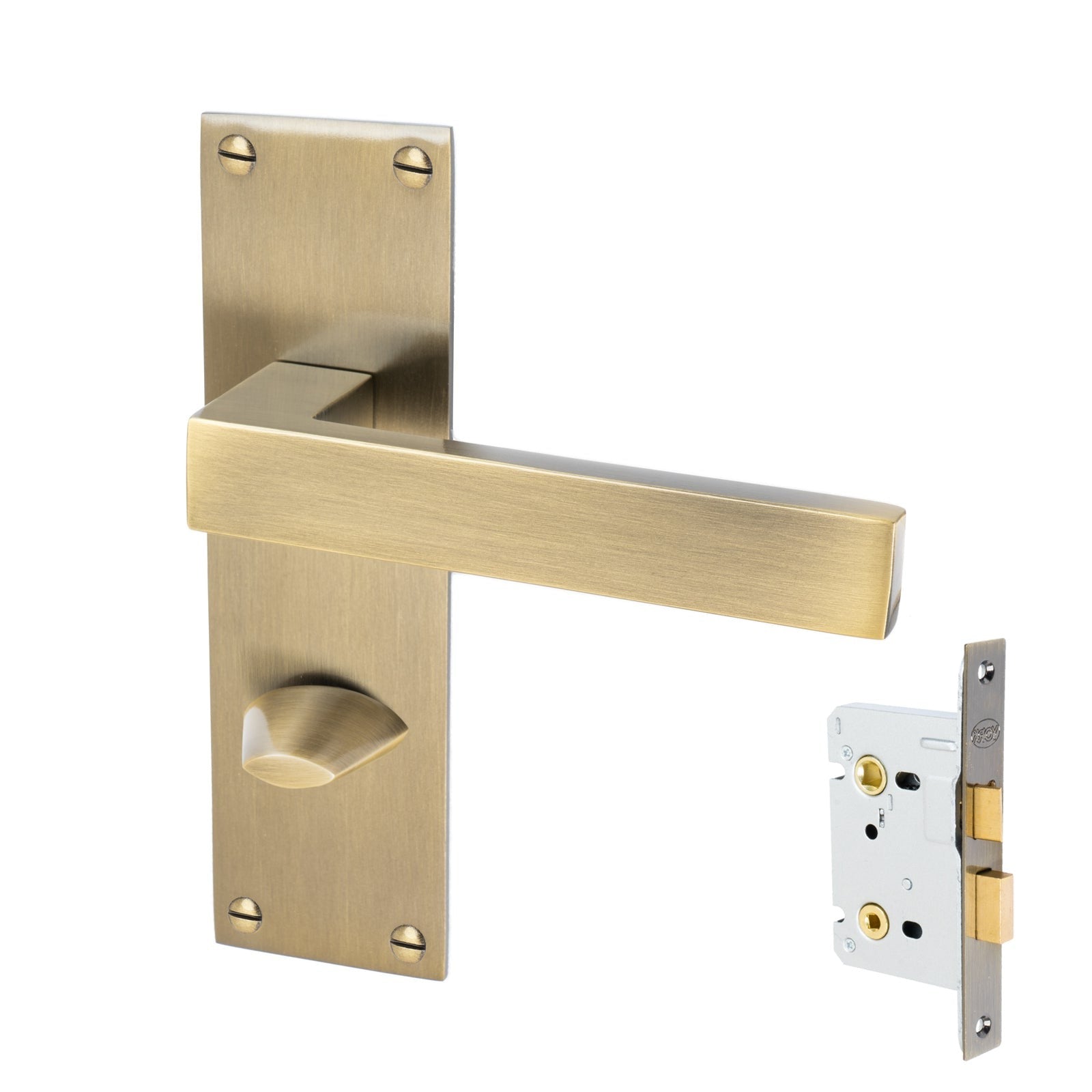 Metro Door Handles On Plate Bathroom Handle Set in Aged Brass