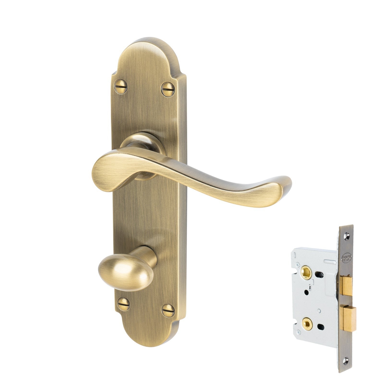 Savoy Door Handles On Plate Bathroom Handle Set in Aged Brass