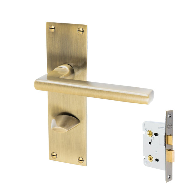 Trident Door Handles On Plate Bathroom Handle Set in Aged Brass