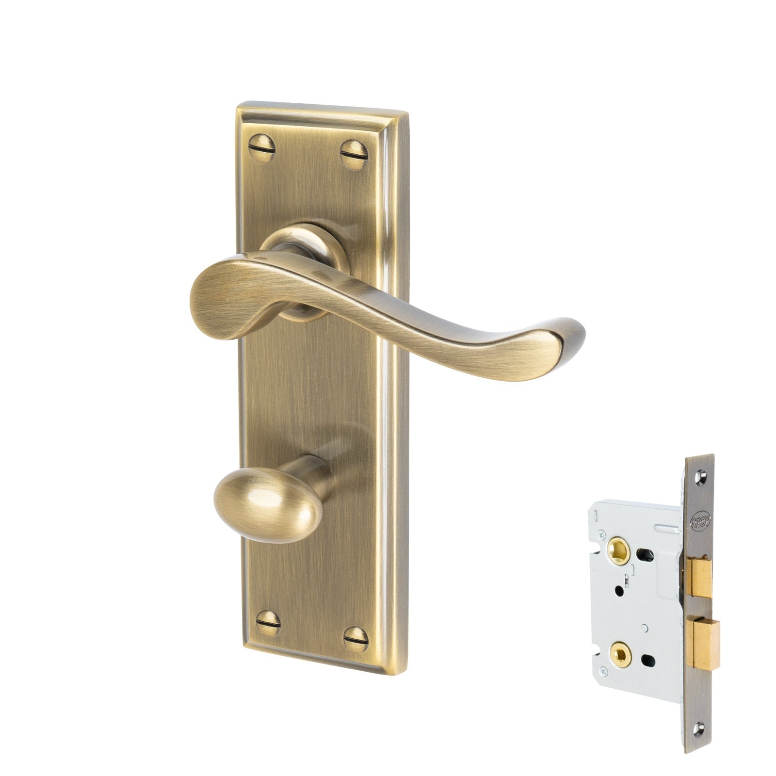 Edwardian Door Handles On Plate Bathroom Handle Set in Aged Brass