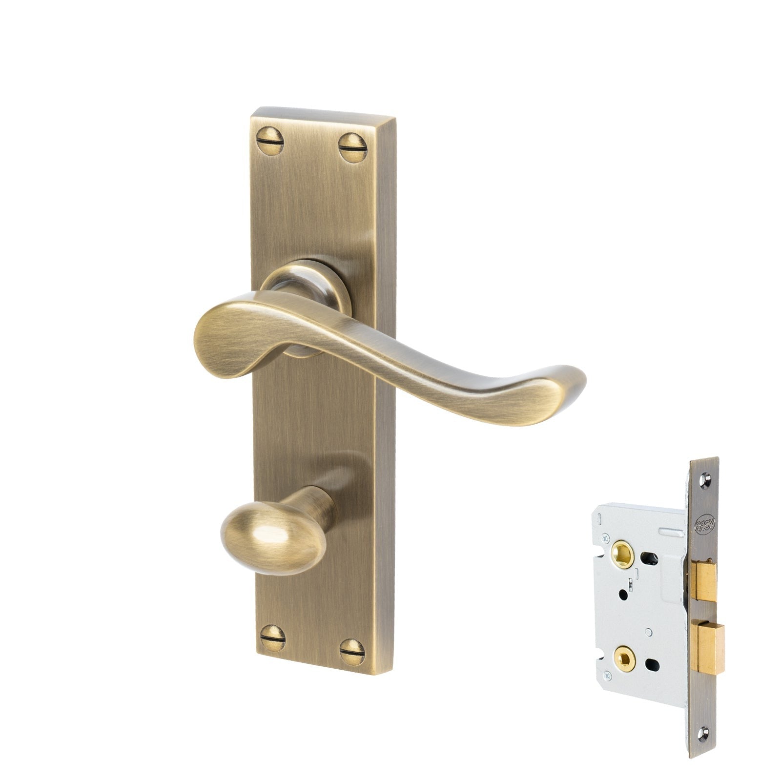 Bedford Door Handles On Plate Bathroom Handle Set in Aged Brass