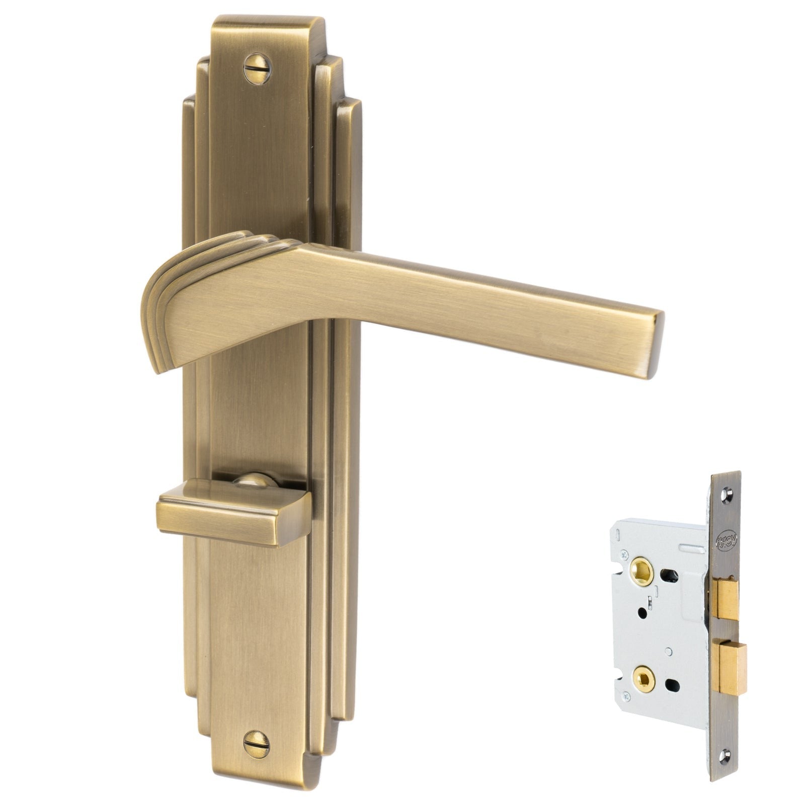 Tiffany Door Handles On Plate Latch Handle Set in Aged Brass