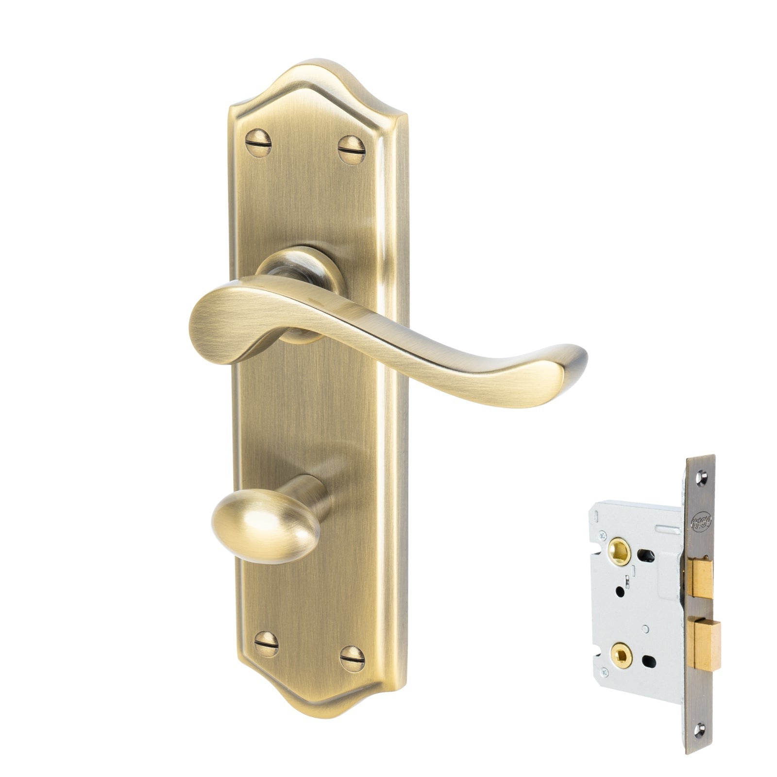 Buckingham Door Handles On Plate Bathroom Handle Set in Aged Brass