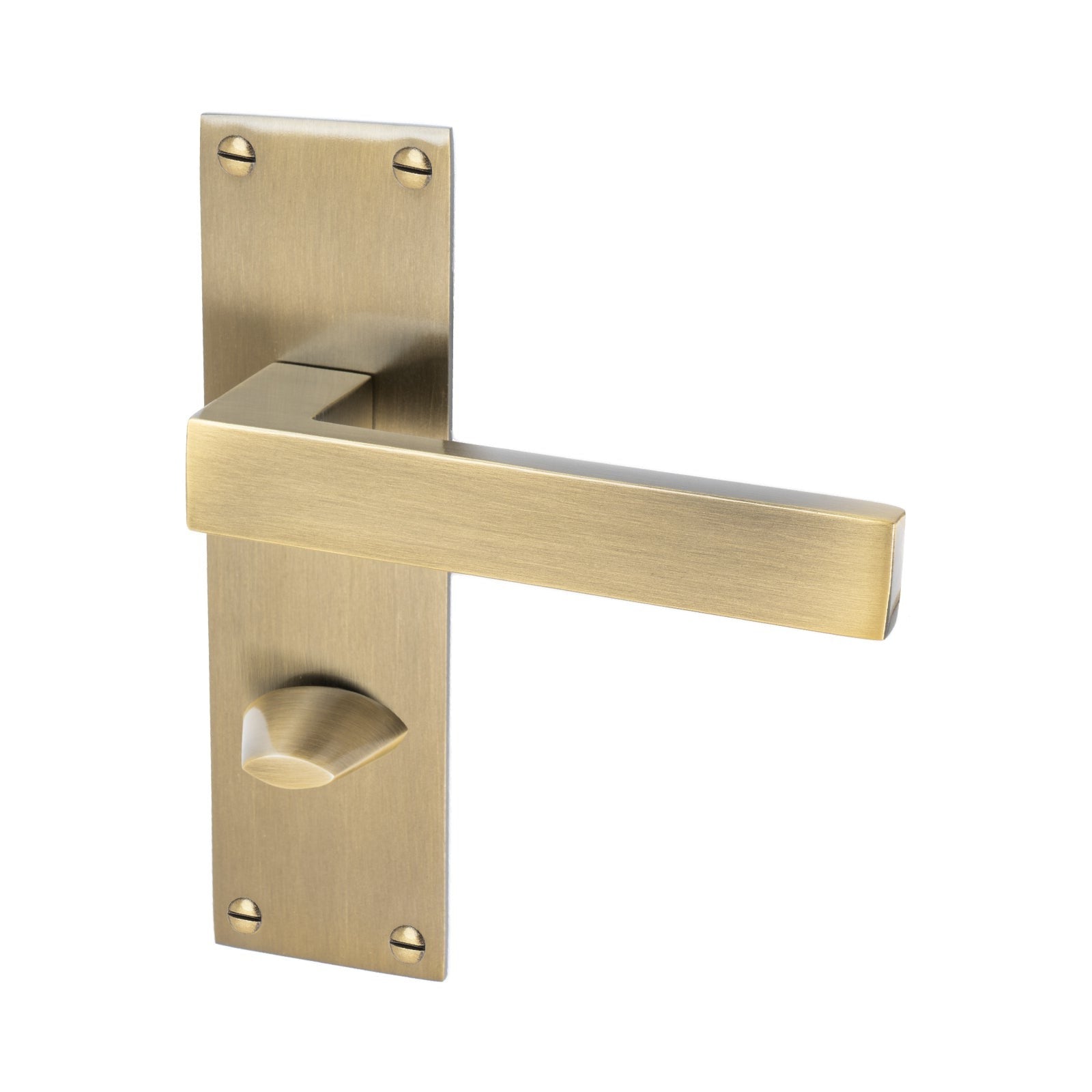 Metro Door Handles On Plate Bathroom Handle in Aged Brass