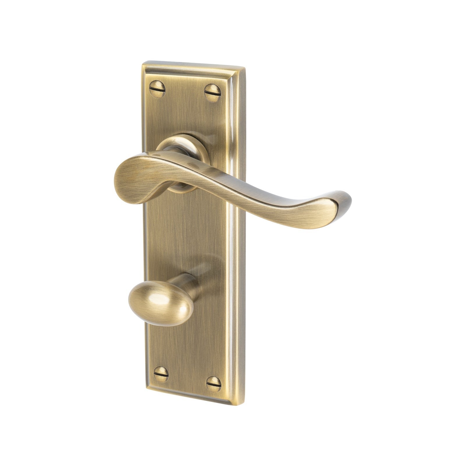 Edwardian Door Handles On Plate Bathroom Handle in Aged Brass