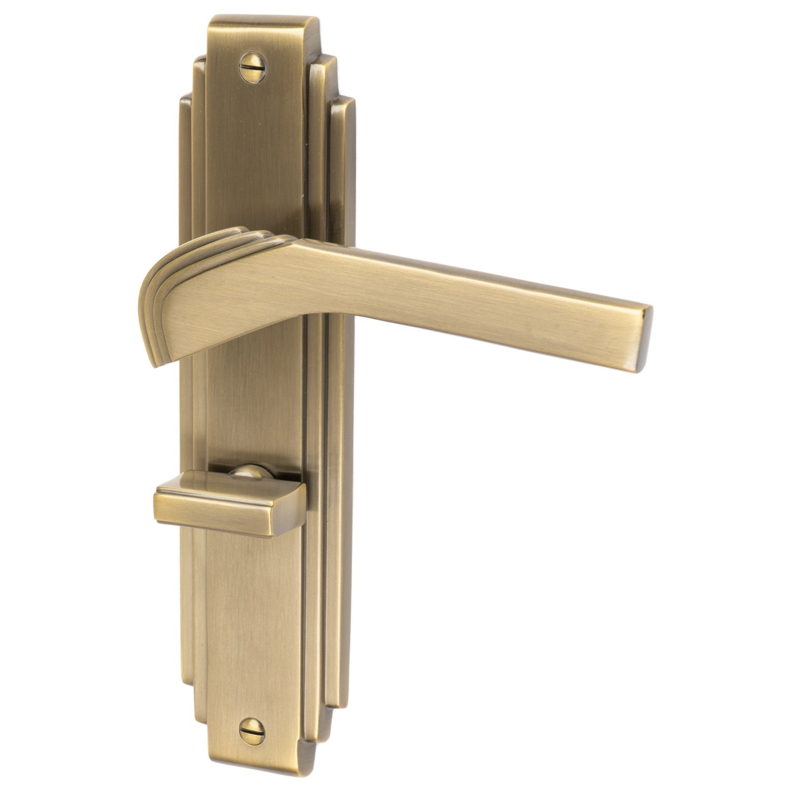 Tiffany Door Handles On Plate Bathroom Handle in Aged Brass