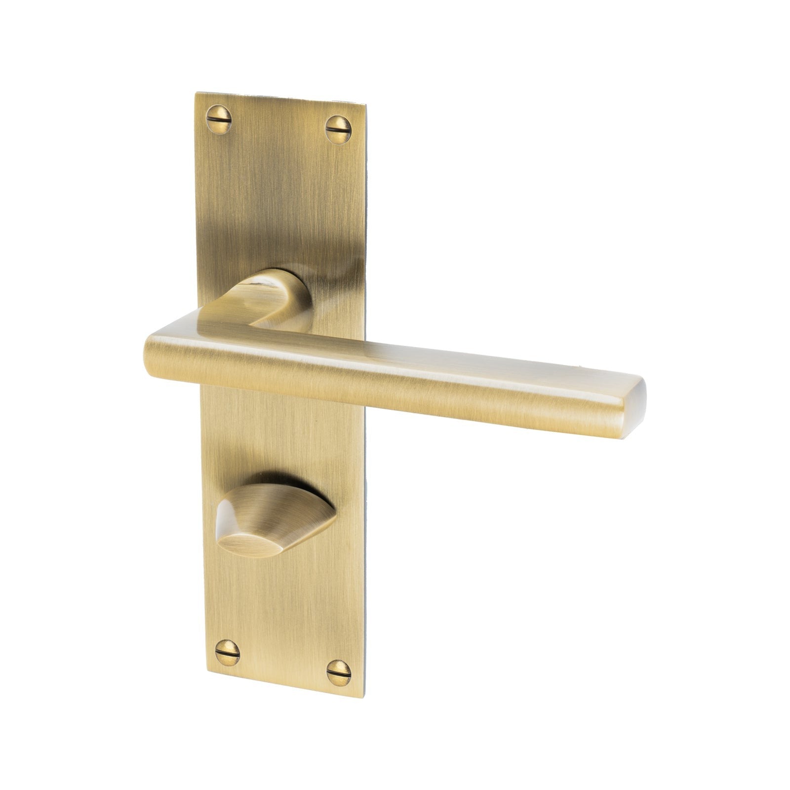 Trident Door Handles On Plate Bathroom Handle in Aged Brass