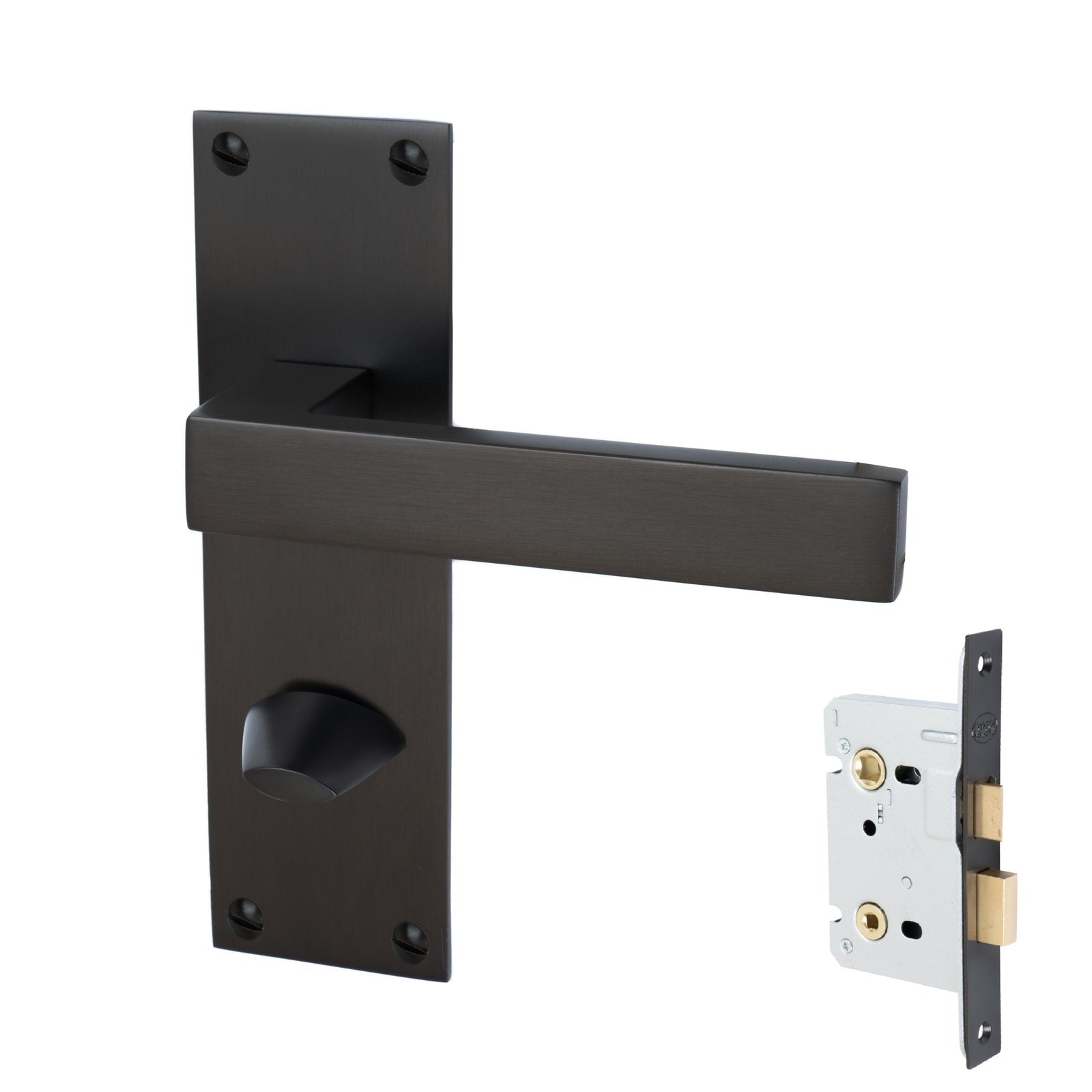 Metro Door Handles On Plate Bathroom Handle Set in Matt Bronze