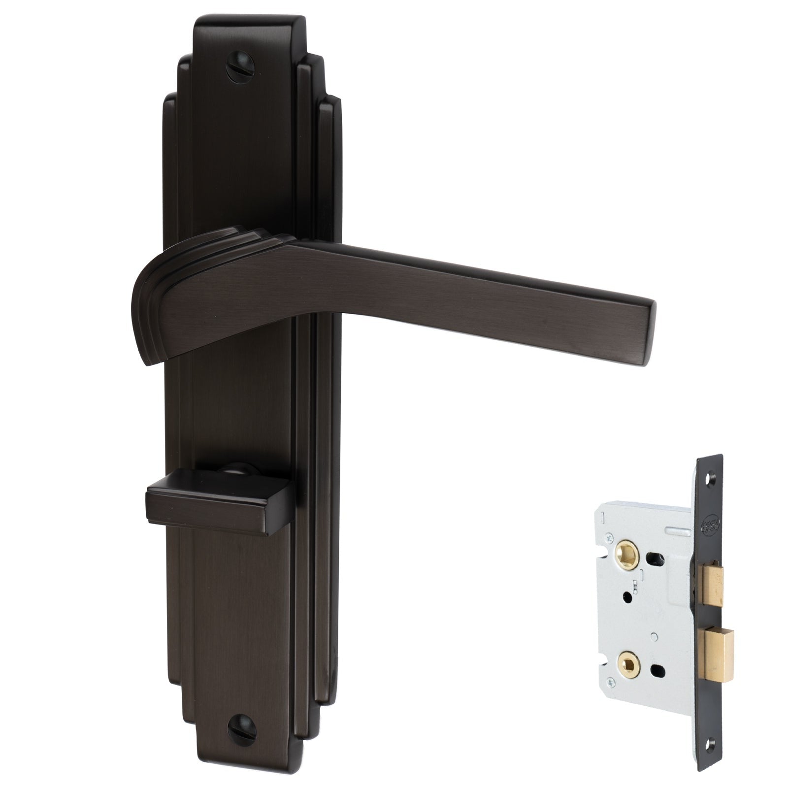 Tiffany Door Handles On Plate Bathroom Handle Set in Matt Bronze