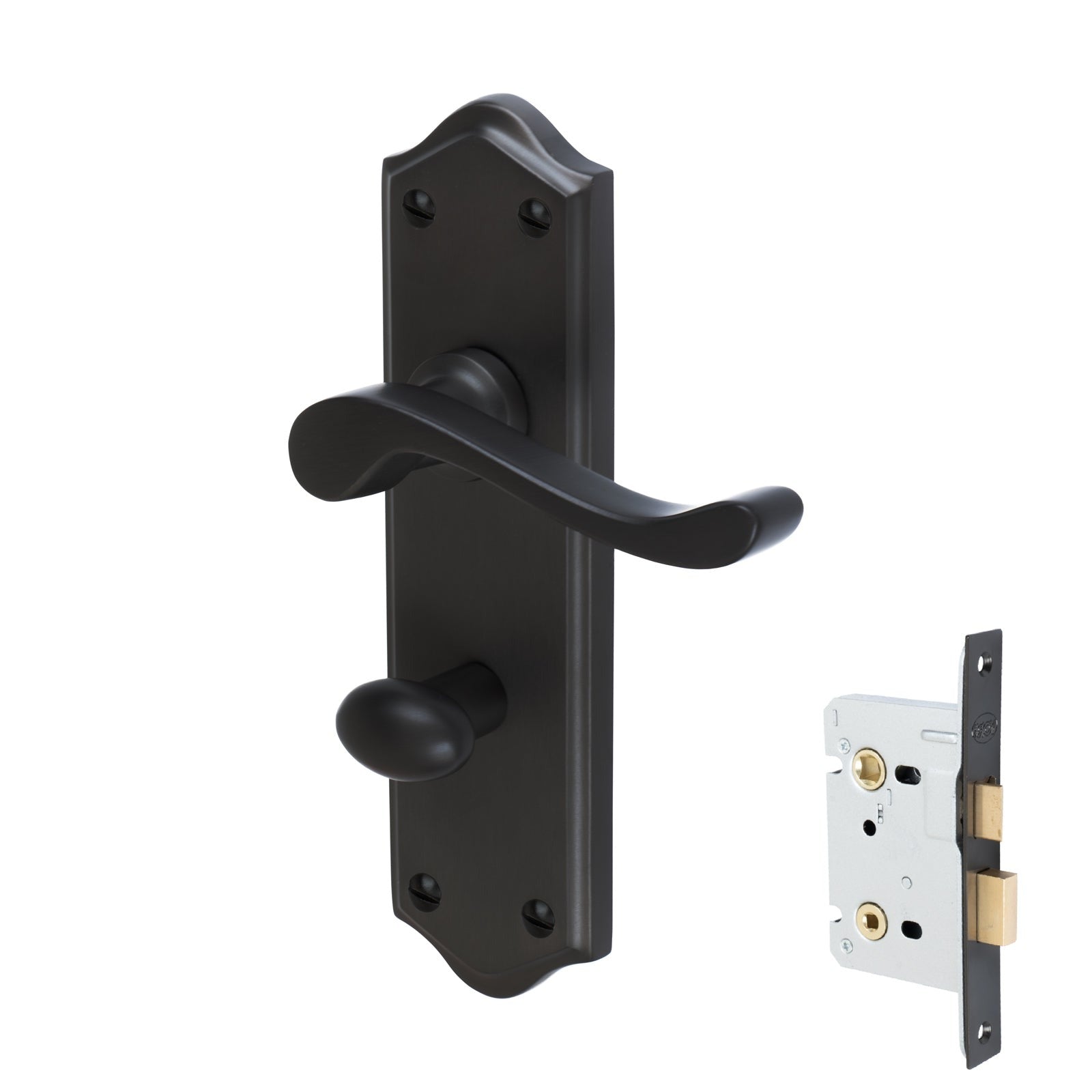 Buckingham Door Handles On Plate Bathroom Handle Set in Matt Bronze