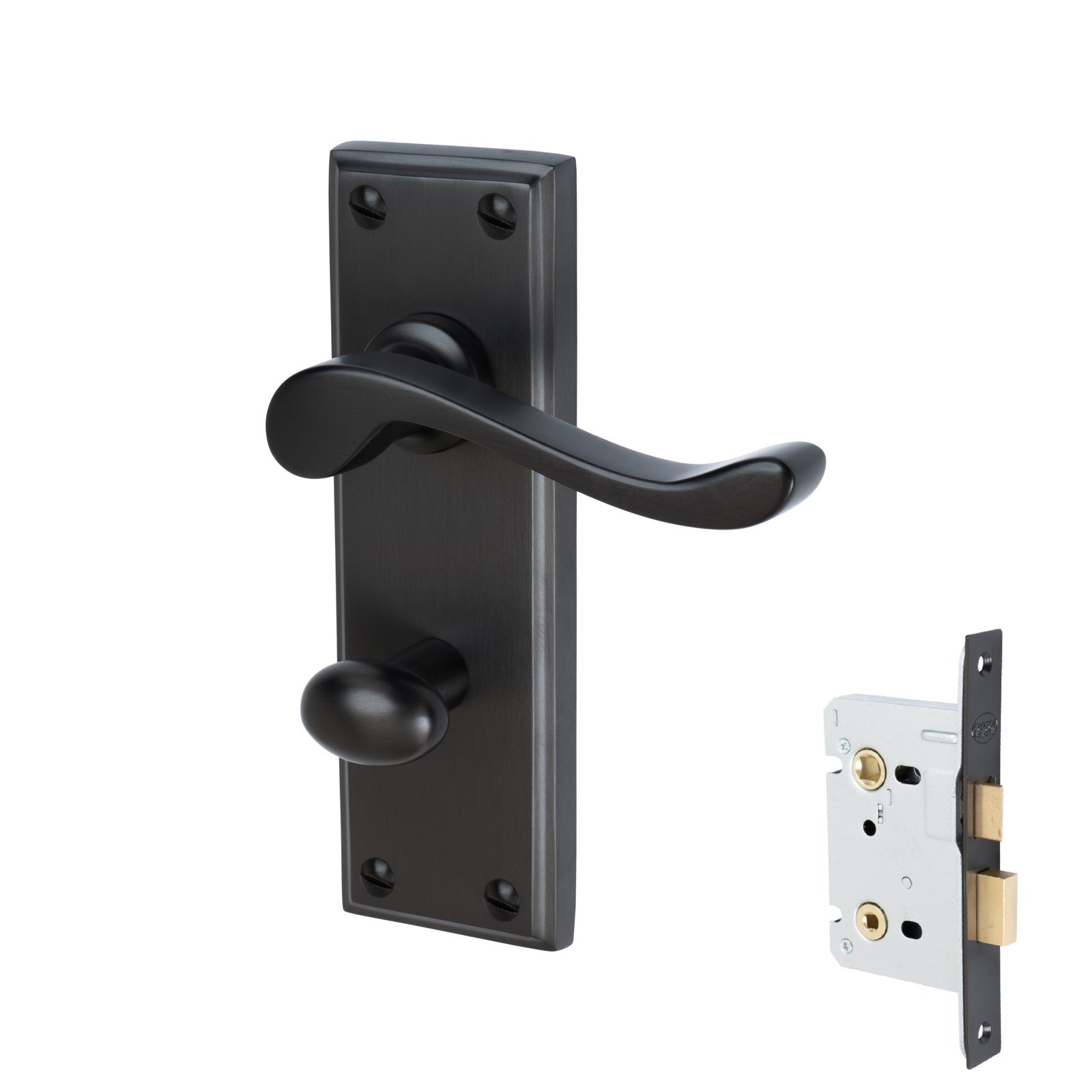 Edwardian Door Handles On Plate Bathroom Handle Set in Matt Bronze