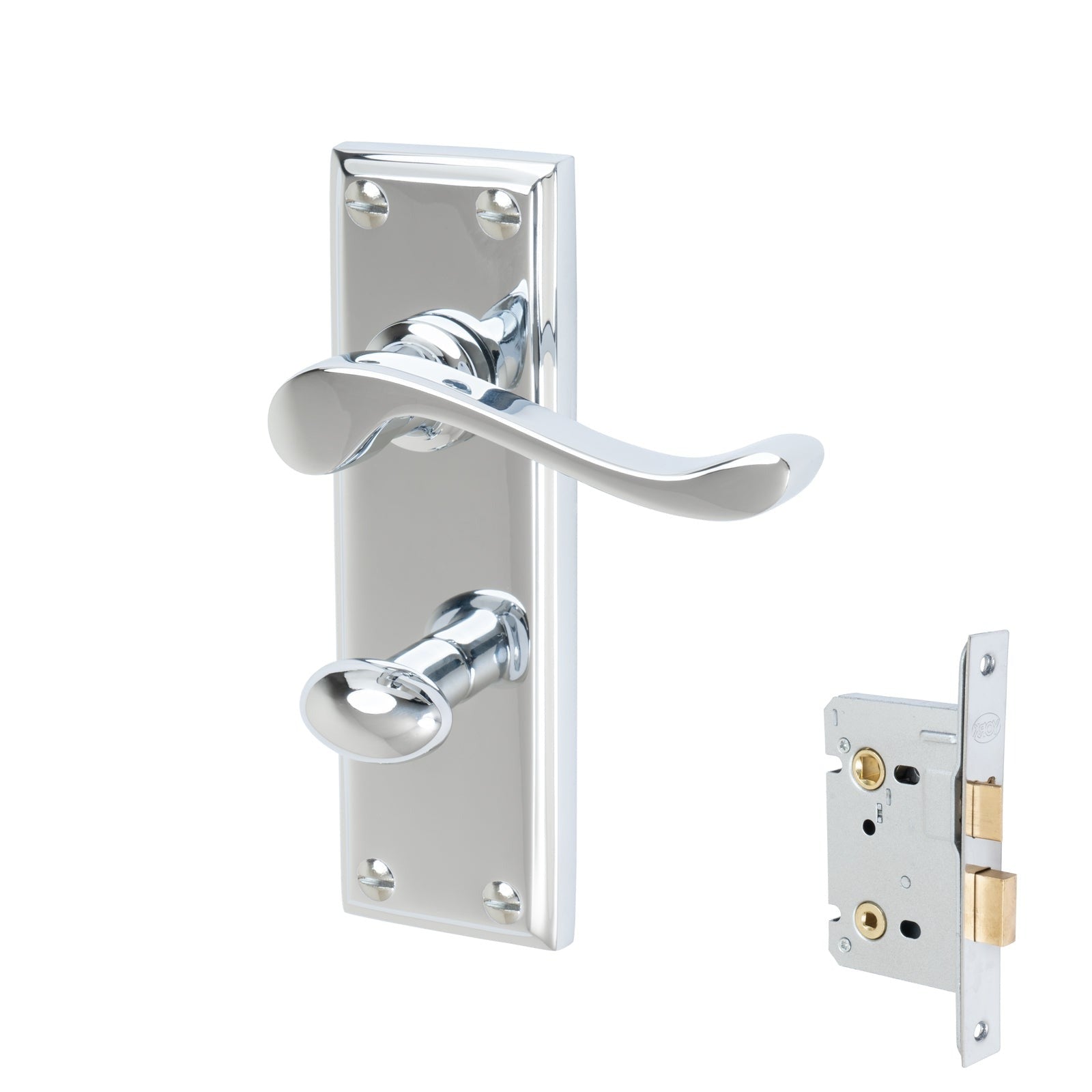 Edwardian Door Handles On Plate Bathroom Handle Set in Polished Chrome