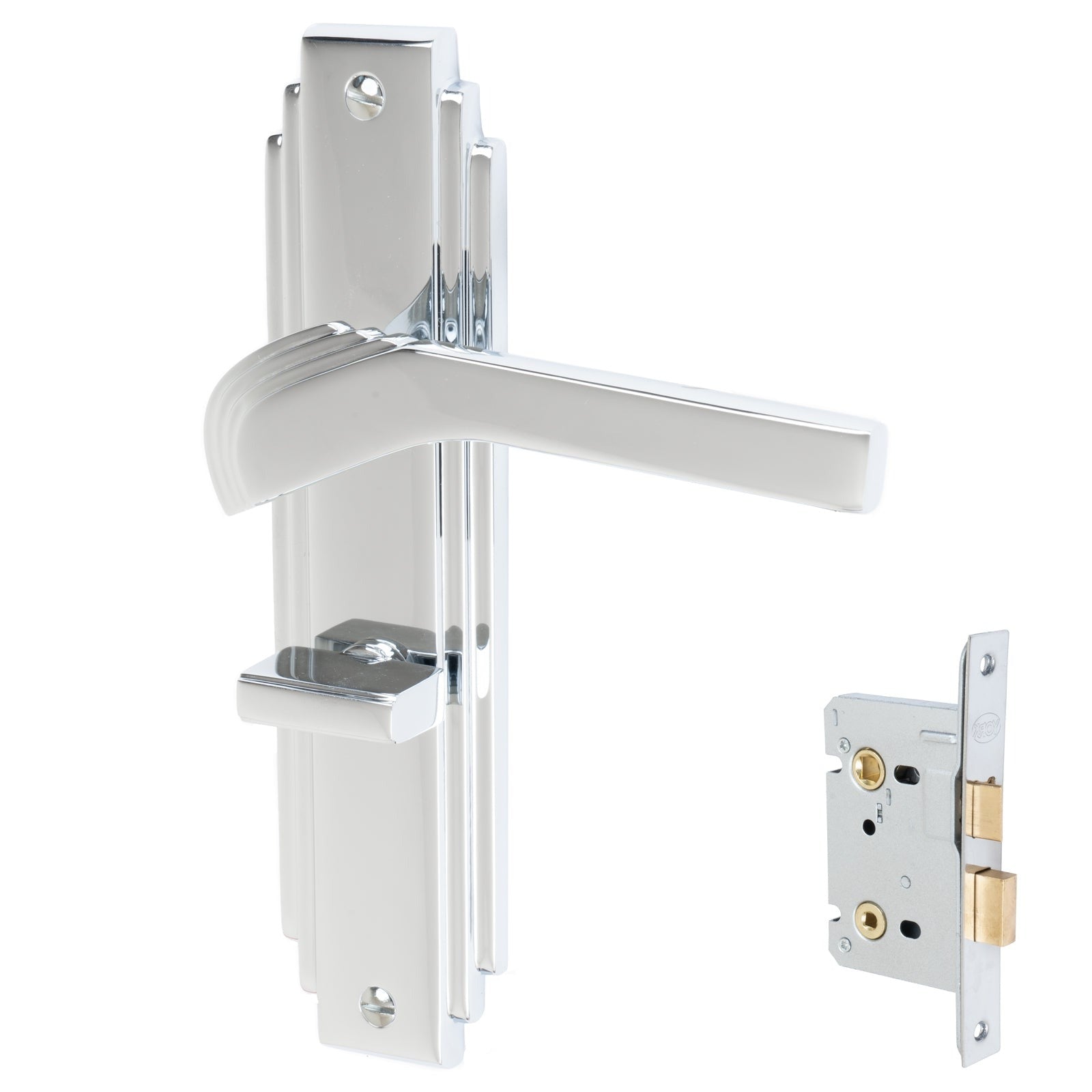 Tiffany Door Handles On Plate Bathroom Handle Set in Polished Chrome