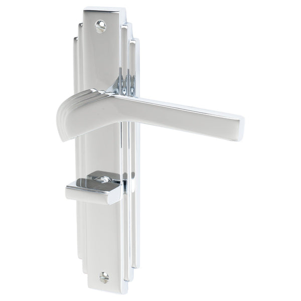 Tiffany Door Handles On Plate Bathroom Handle in Polished Chrome
