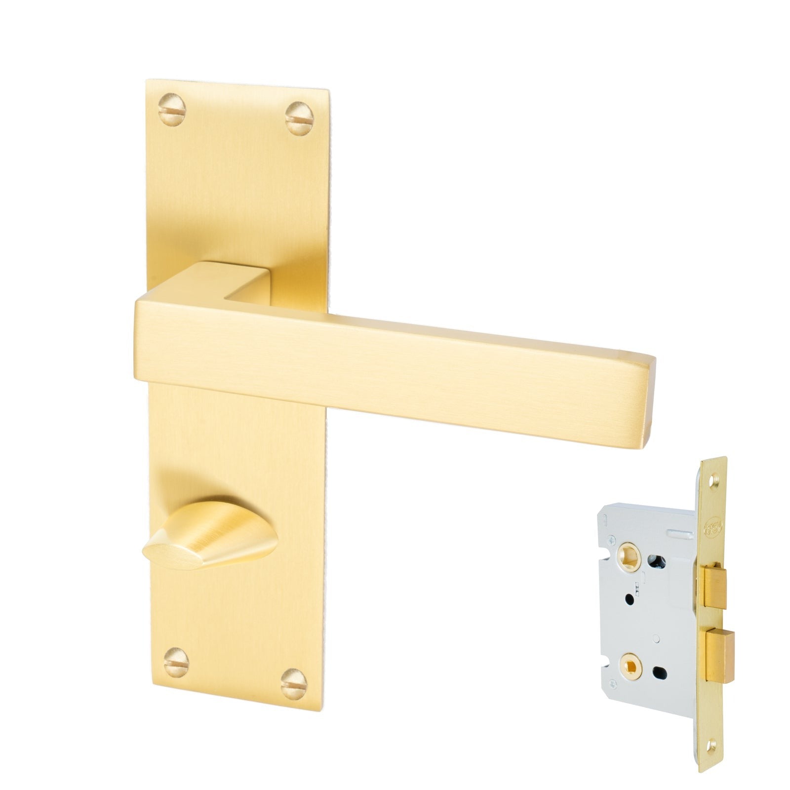 Metro Door Handles On Plate Bathroom Handle Set in Satin Brass