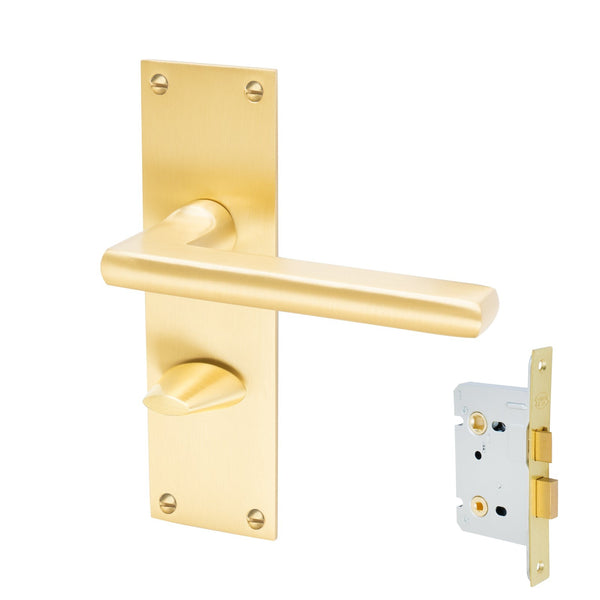 Trident Door Handles On Plate Bathroom Handle Set in Satin Brass