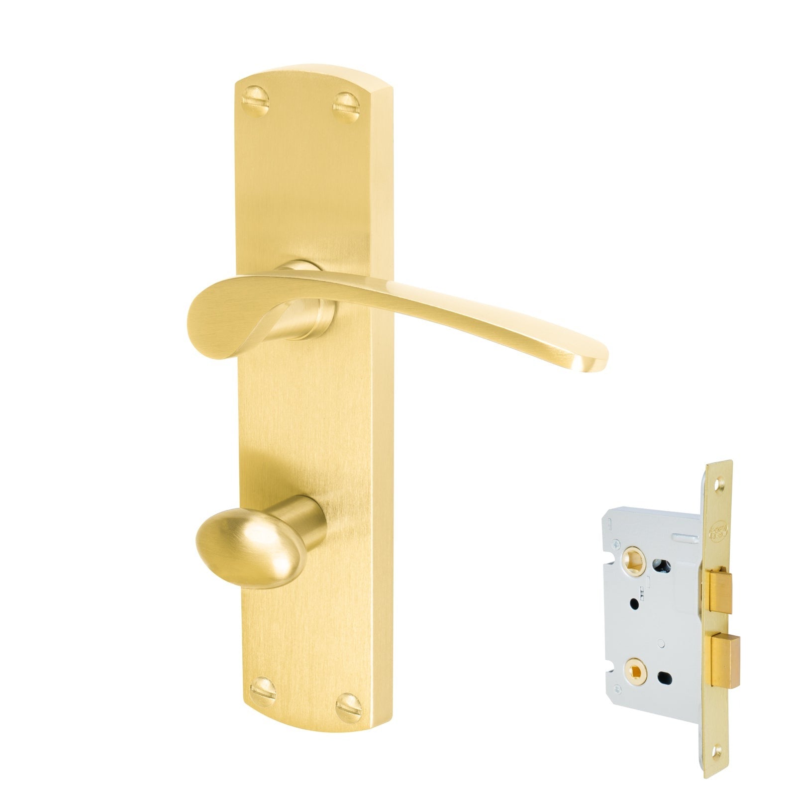 Diplomat Door Handles On Plate Bathroom Handle Set in Satin Brass