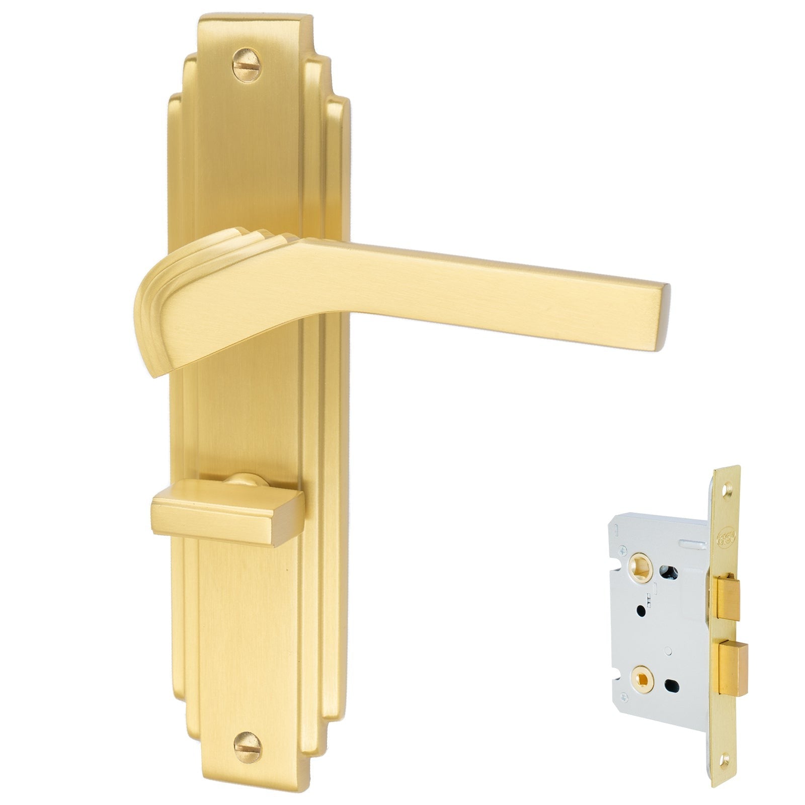 Tiffany Door Handles On Plate Bathroom Handle Set in Satin Brass