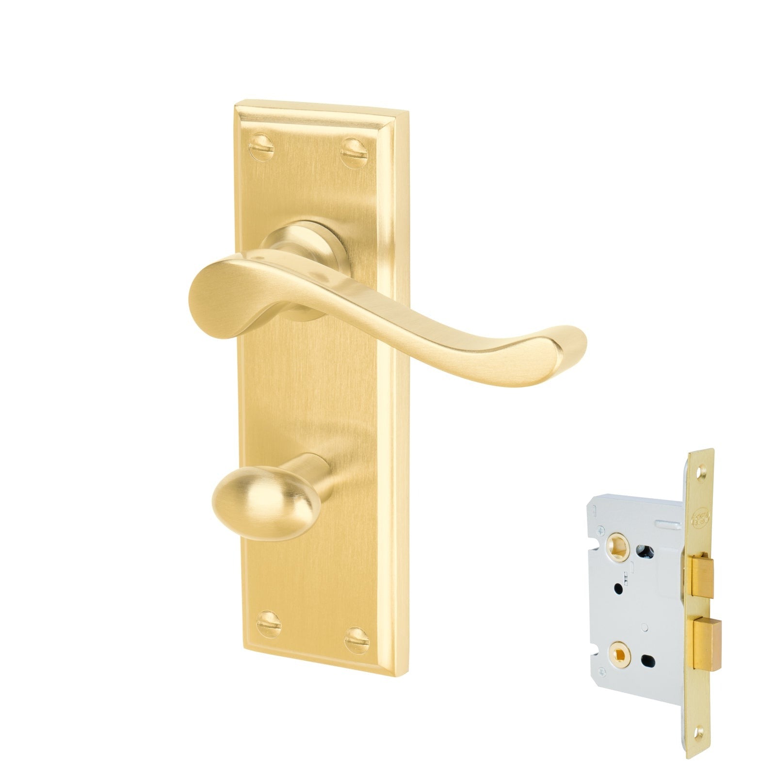 Edwardian Door Handles On Plate Bathroom Handle Set in Satin Brass