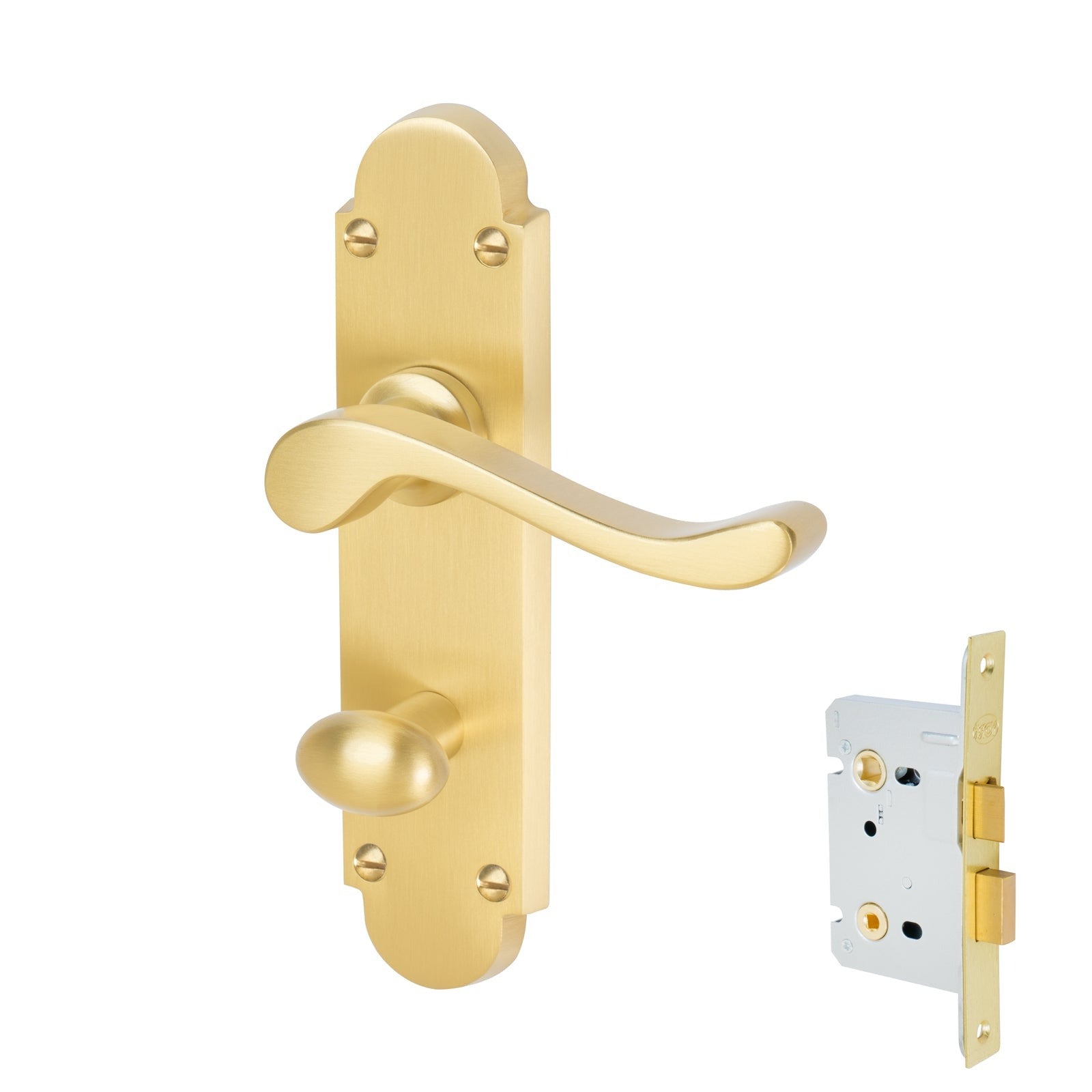 Savoy Door Handles On Plate Bathroom Handle Set in Satin Brass