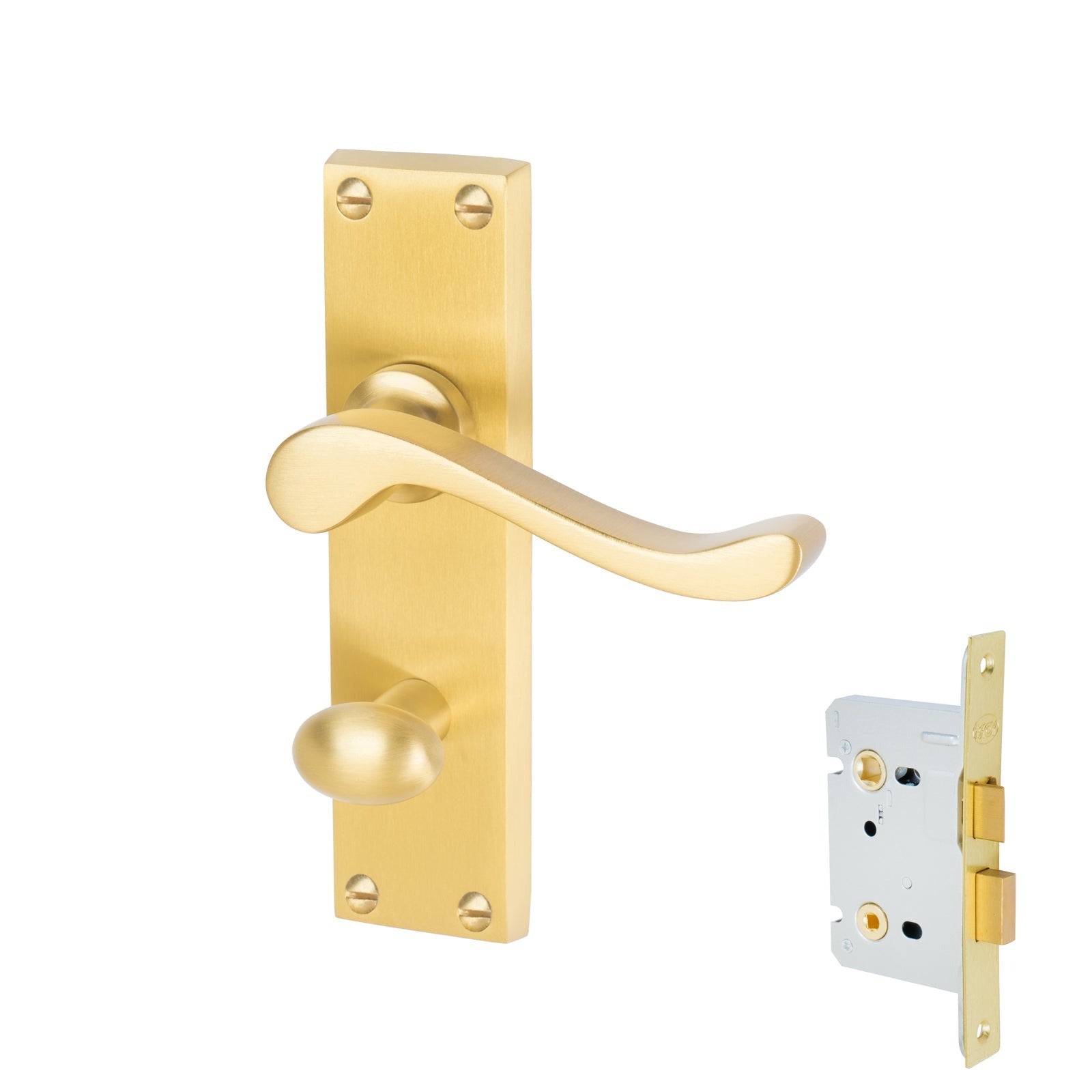 Bedford Door Handles On Plate Bathroom Handle Set in Satin Brass
