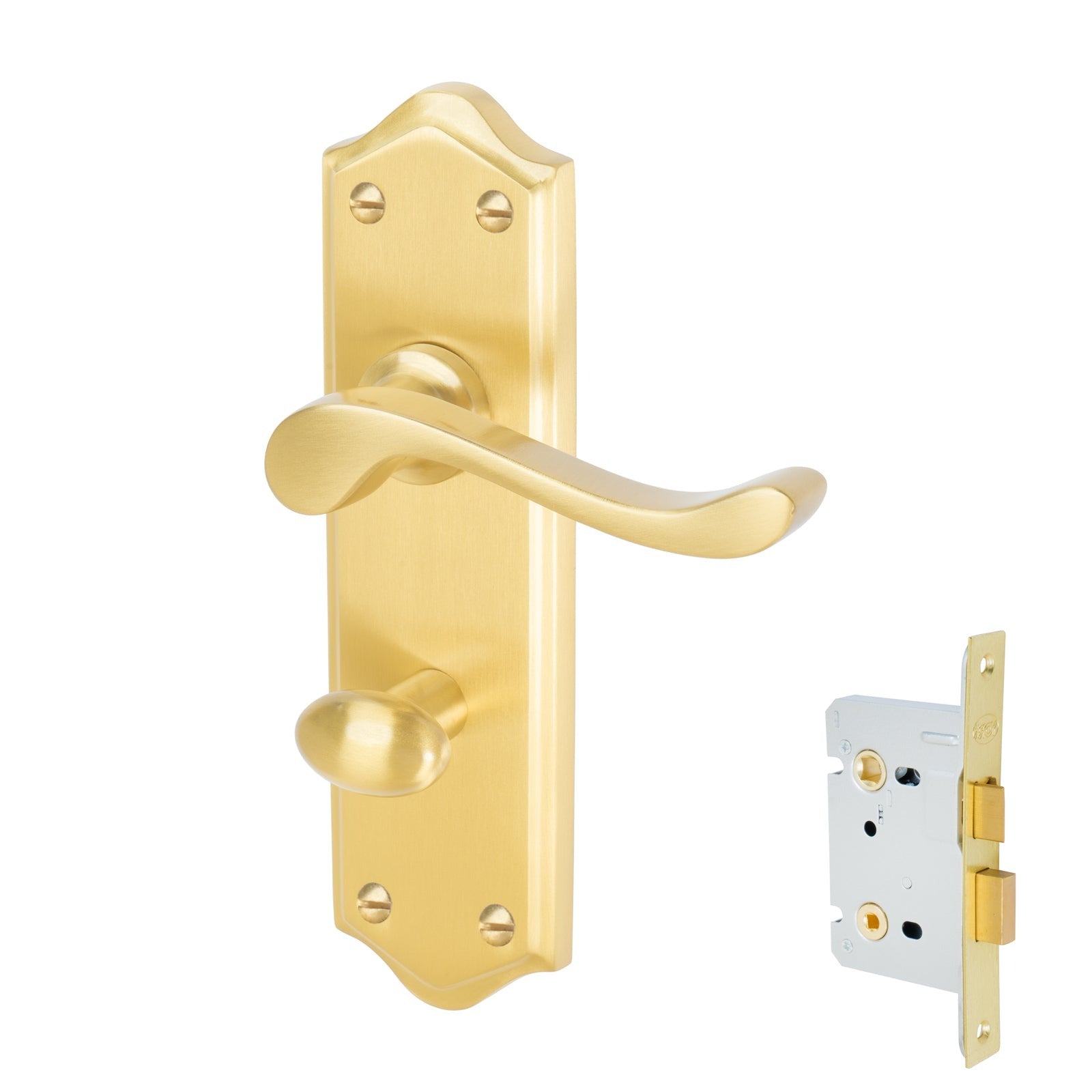 Buckingham Door Handles On Plate Bathroom Handle Set in Satin Brass