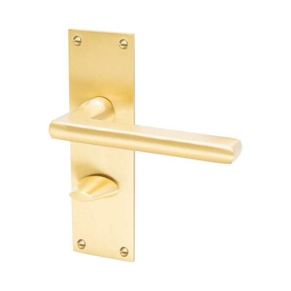 Trident Door Handles On Plate Bathroom Handle in Satin Brass