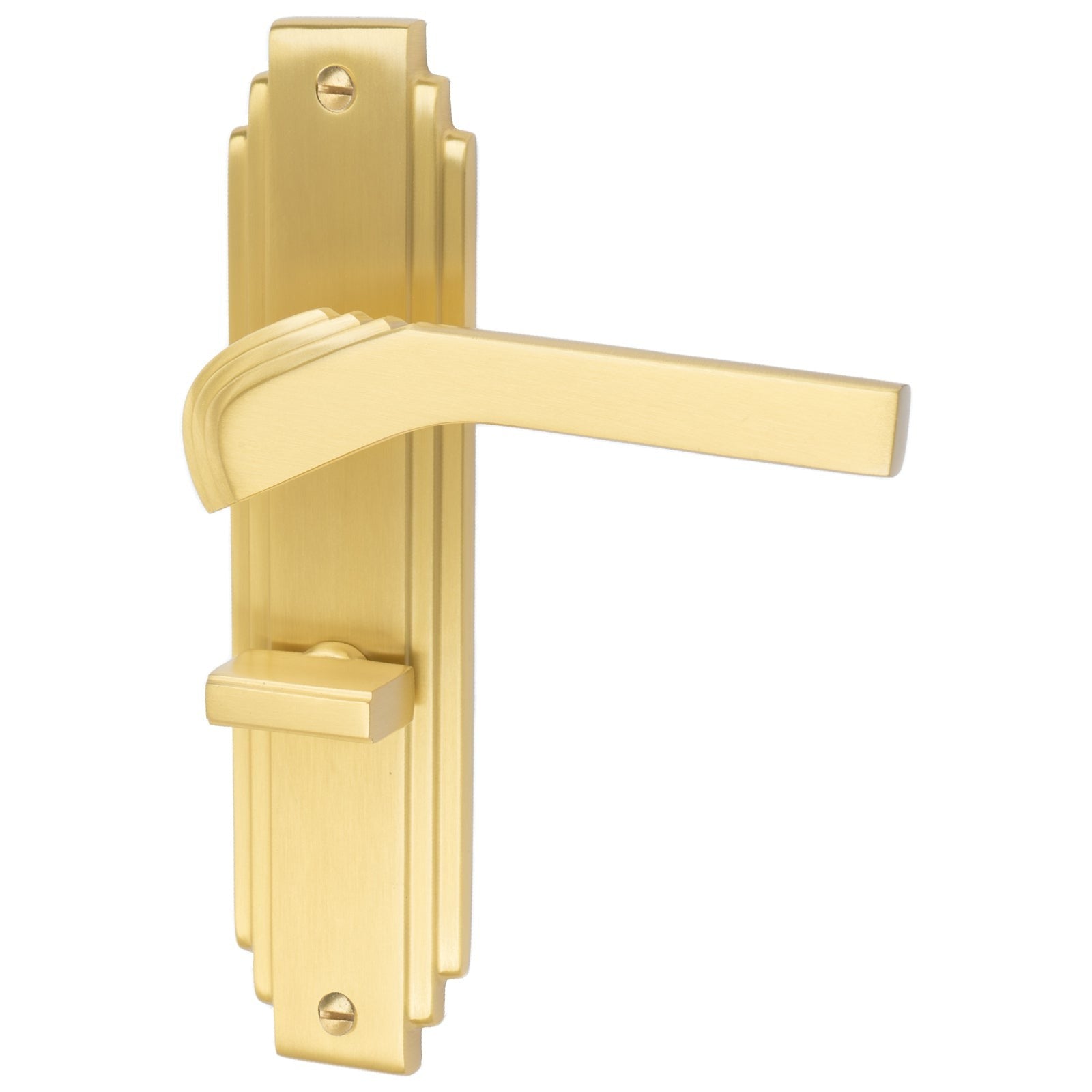 Tiffany Door Handles On Plate Bathroom Handle in Satin Brass